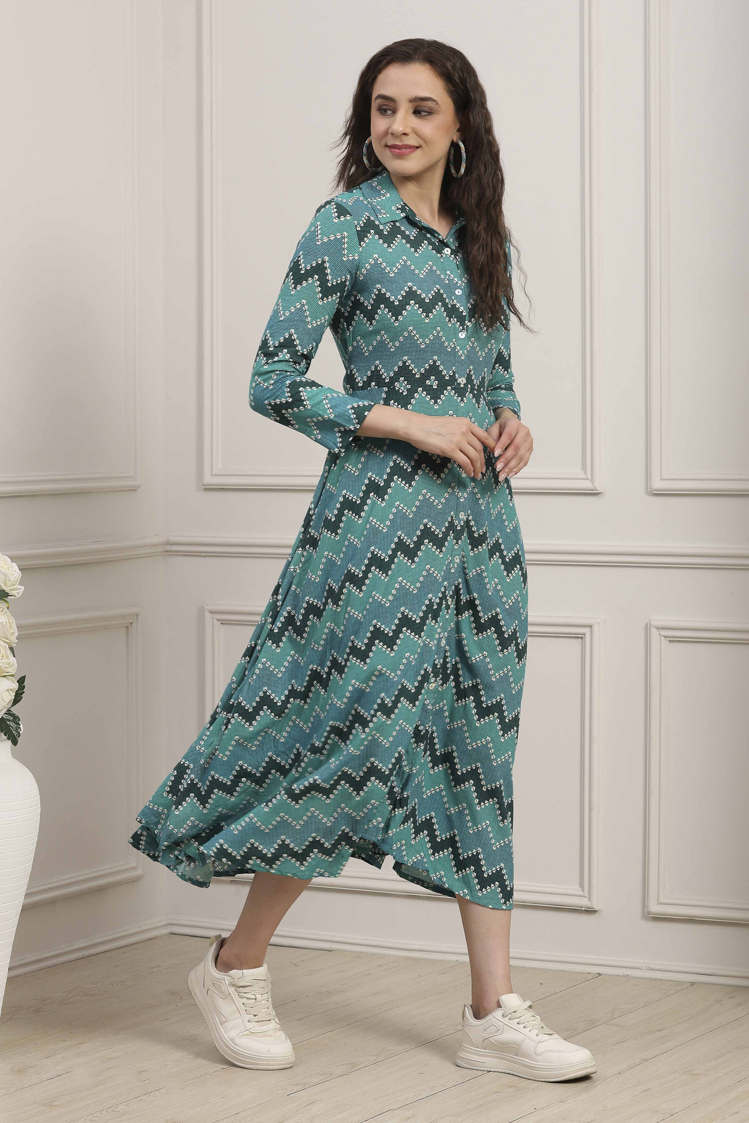 Turquoise Chevron Block Printed Shirt-Style Flared Dress image number 4