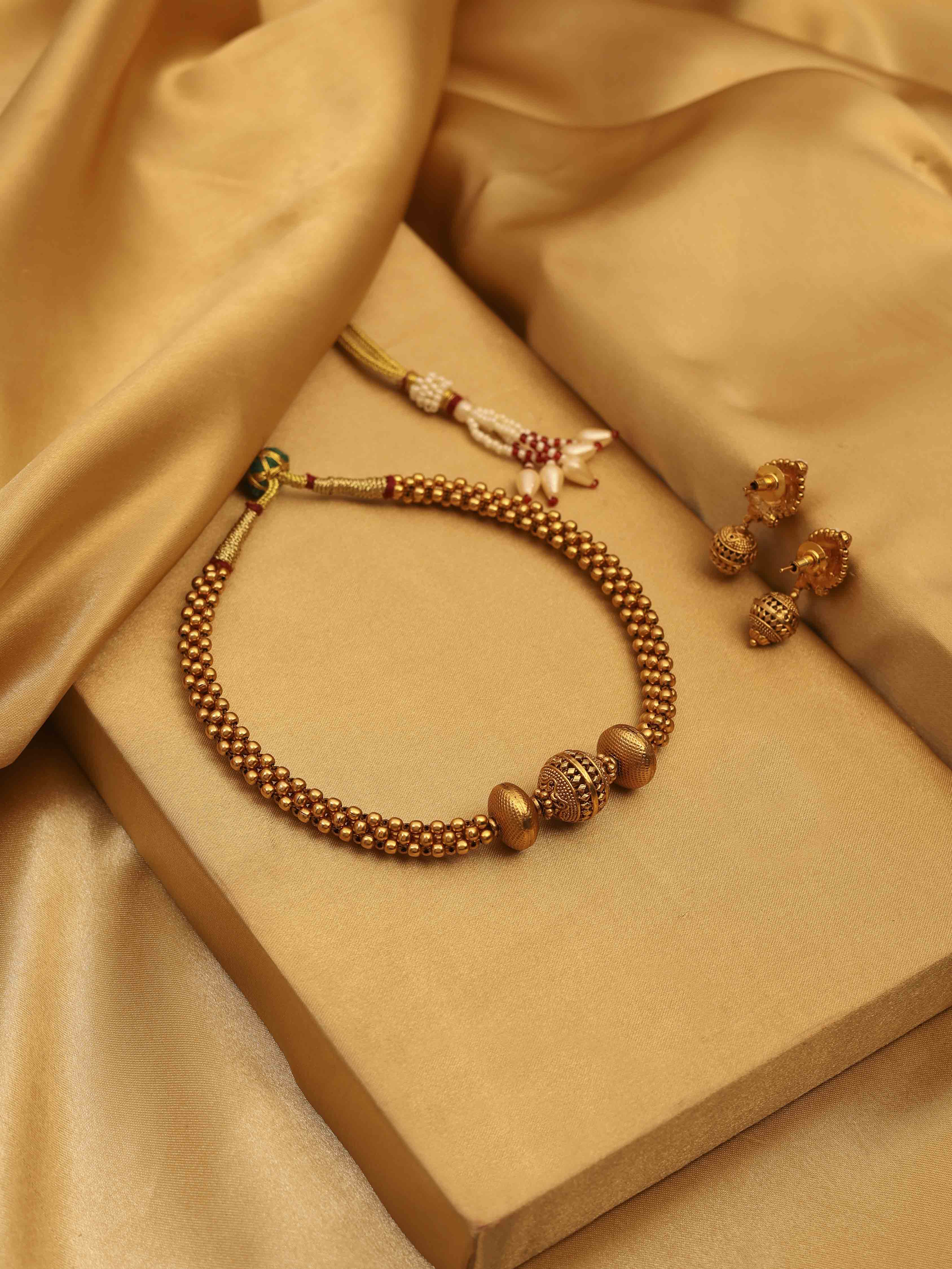 Gold Plated Brass Beaded Choker Necklace Set image number 2