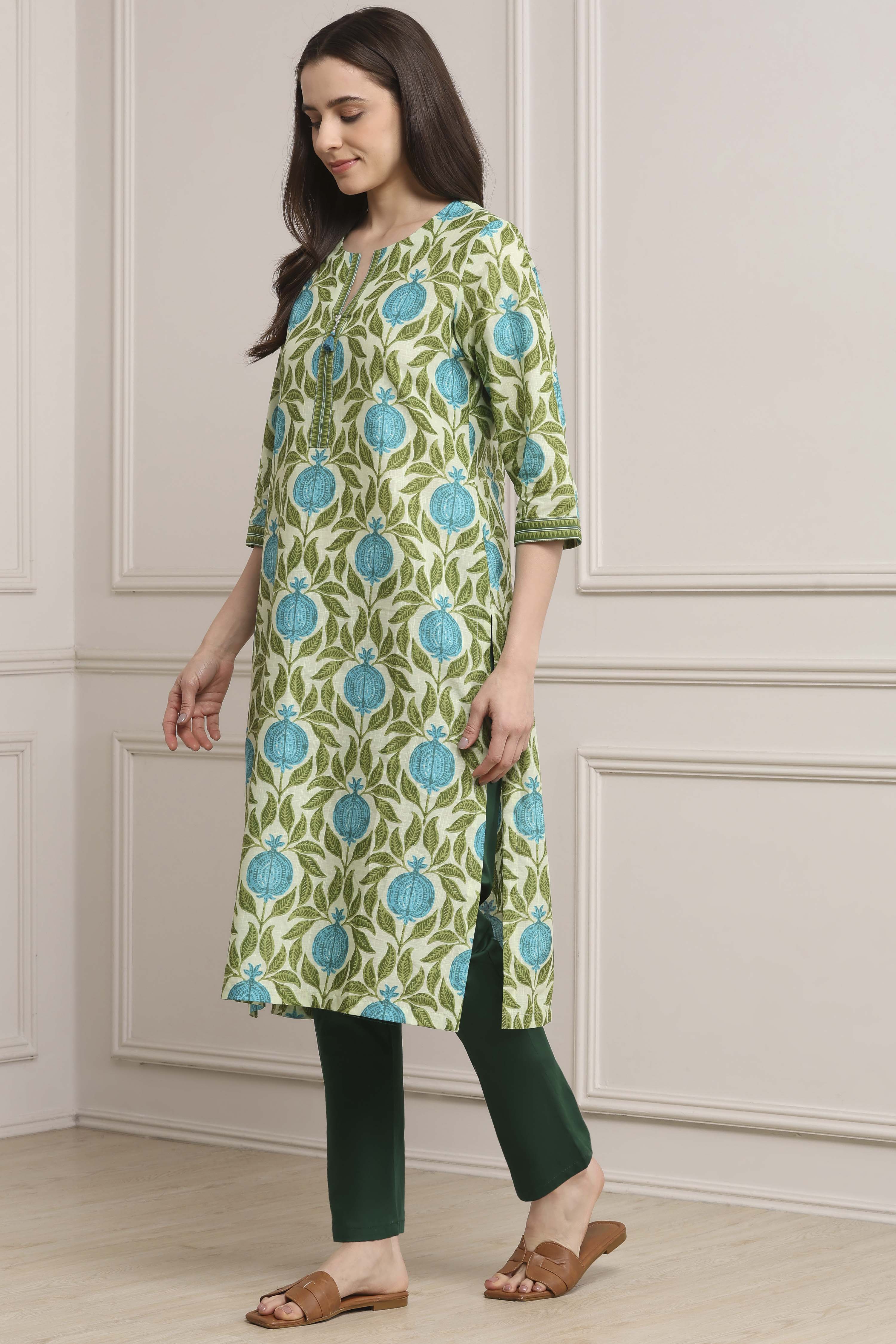 Cream-Colored Cotton Printed Straight Kurta image number 2