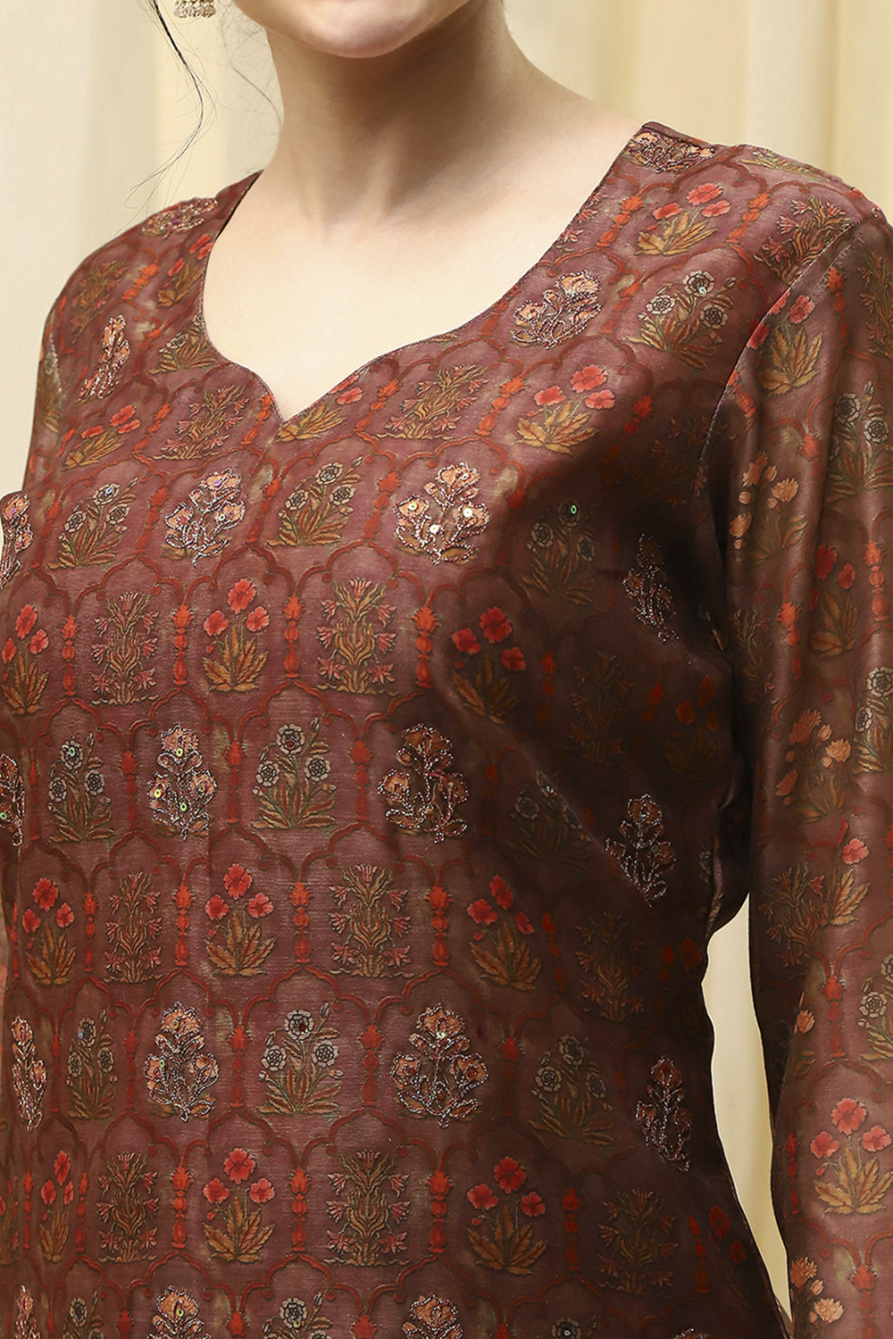 Brown Cotton Printed Embroidered Unstitched Suit Set image number 2