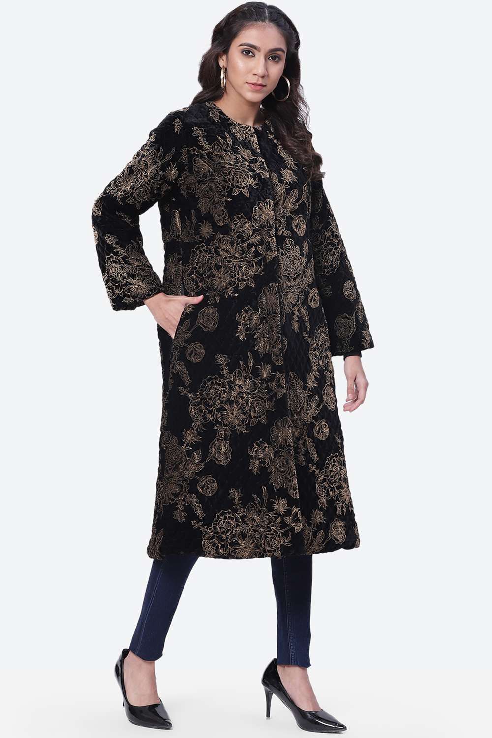 Black Straight Floral Printed Velvet Coat image number 3