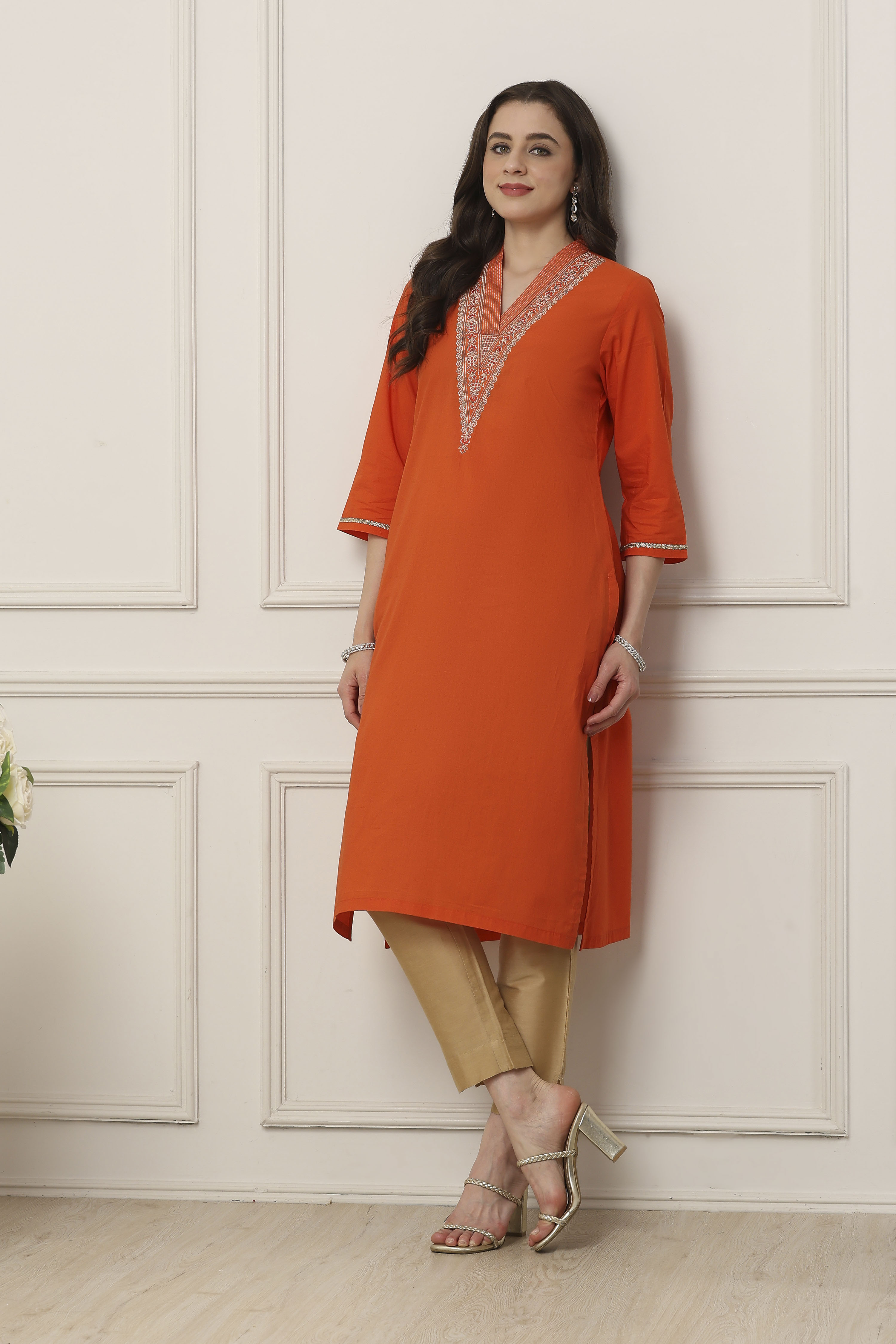 Orange Cotton Straight Kurta image number 0