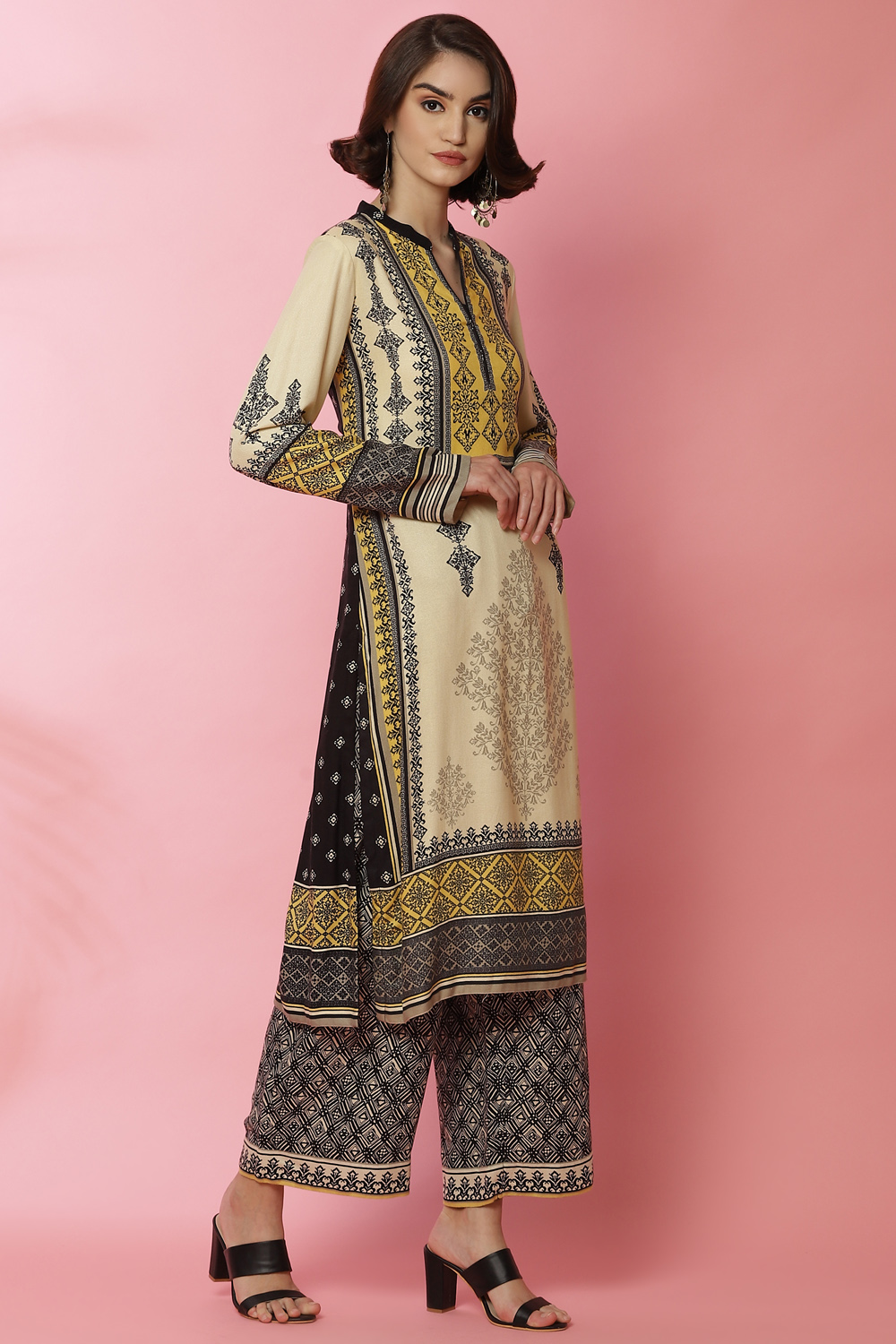 Black And Off White Viscose Straight Printed Kurta image number 3