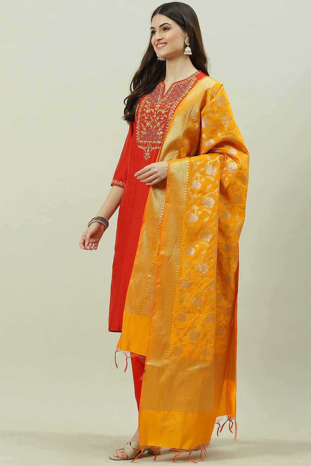 Terracotta Poly Cotton Straight Kurta Slim Pant Suit Set image number 5