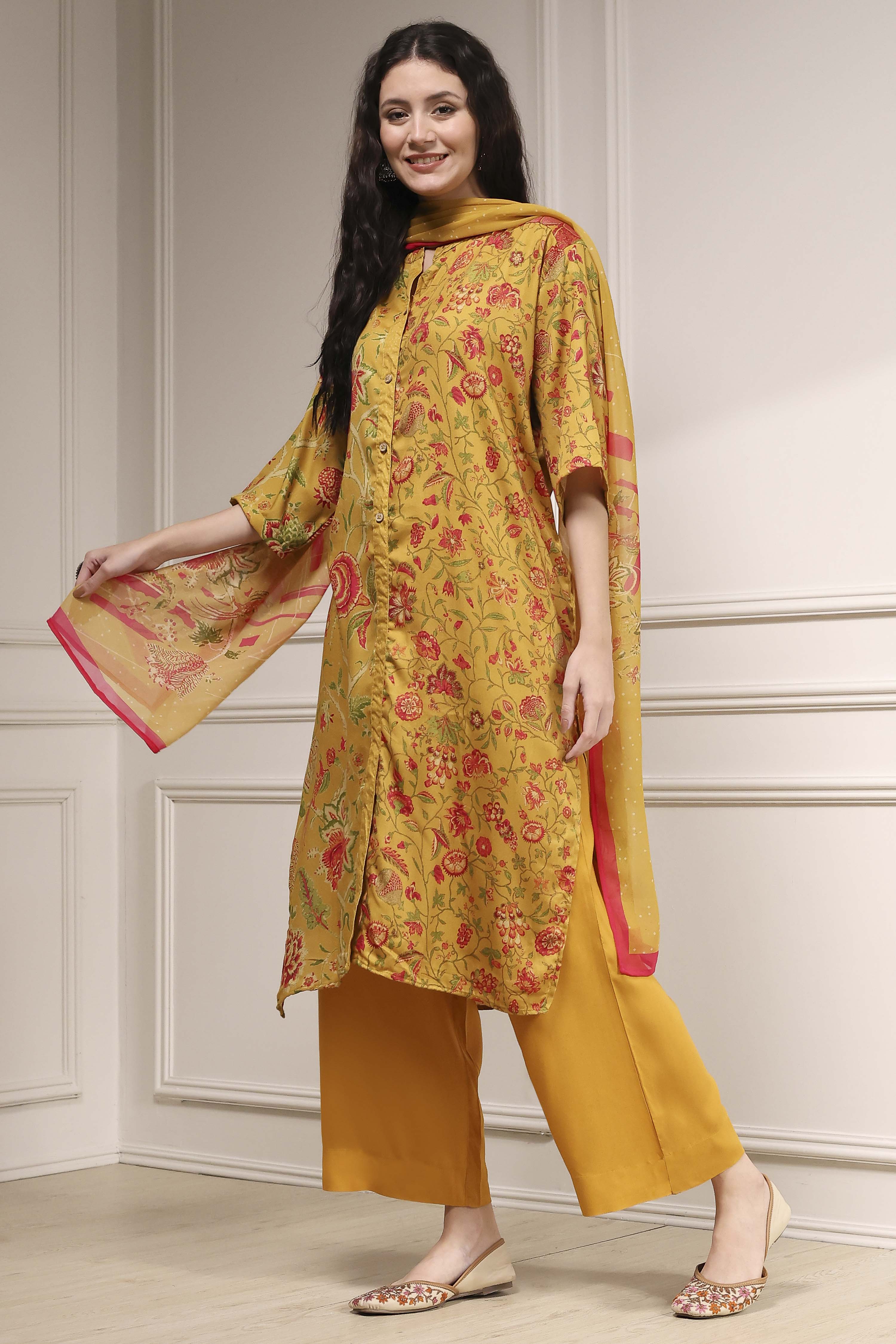 Charcoal Printed Straight Suit Set image number 3