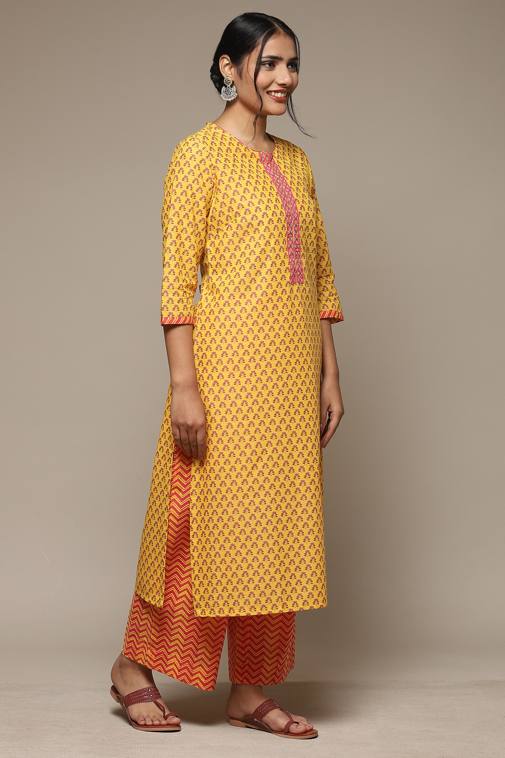 Yellow Cotton Straight Kurta Palazzo Suit Set image number 5