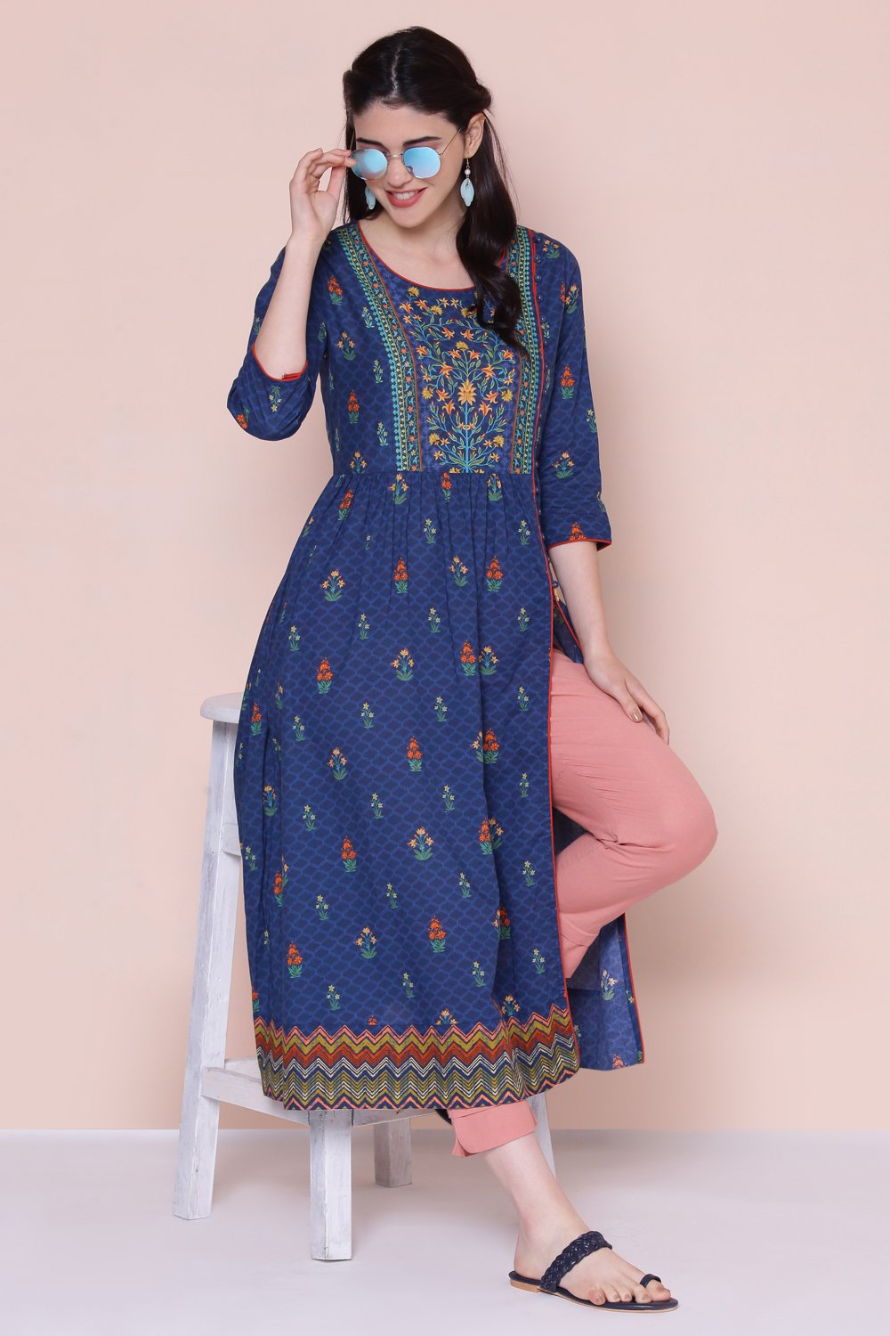 Navy Cotton Printed Kurta image number 0