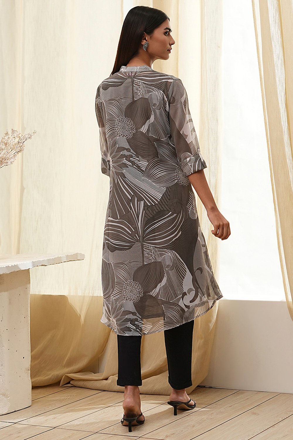 Blue Printed Pleated A-Line Kurta image number 3