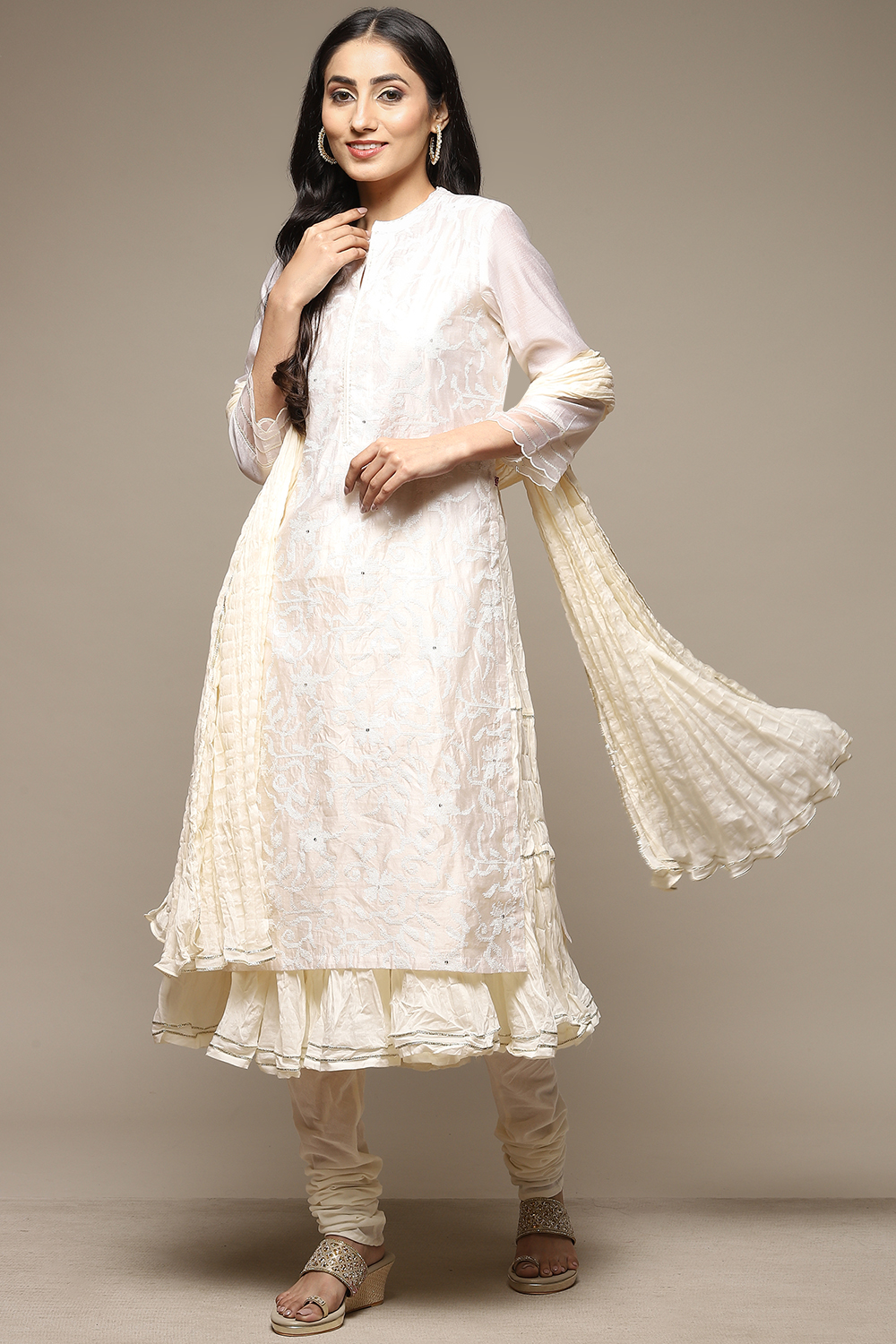 Off White Cotton Blend Layered Kurta Churidar Suit Set image number 7
