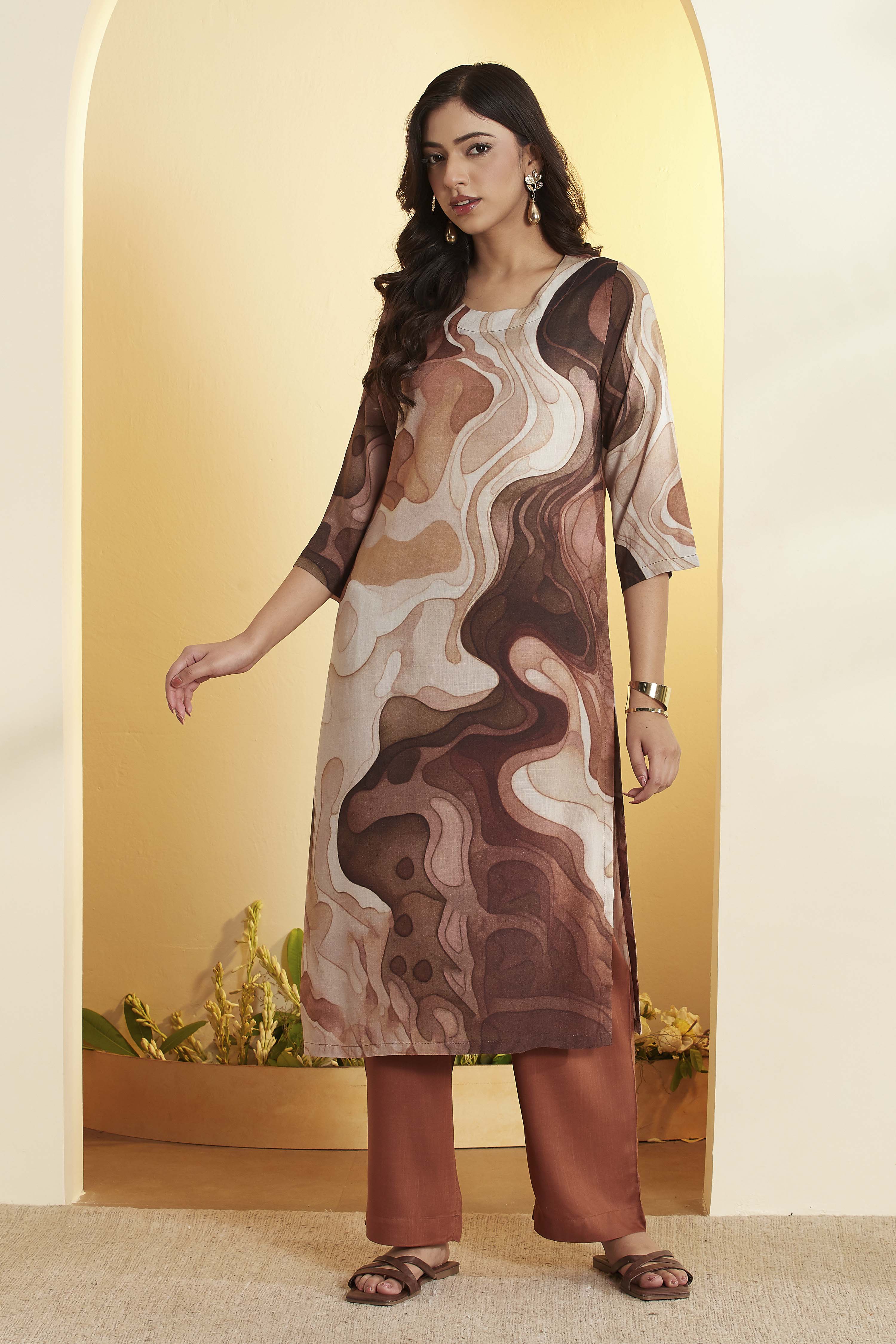 Brown Abstract Printed Straight Rayon Slub Kurta Set image number 0