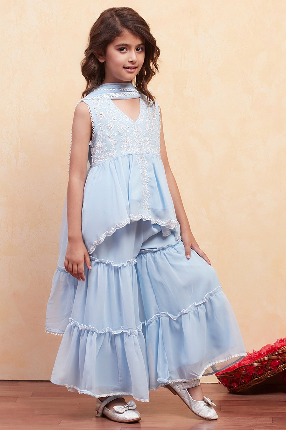 Ice Blue Polyester Peplum Suit Set image number 0