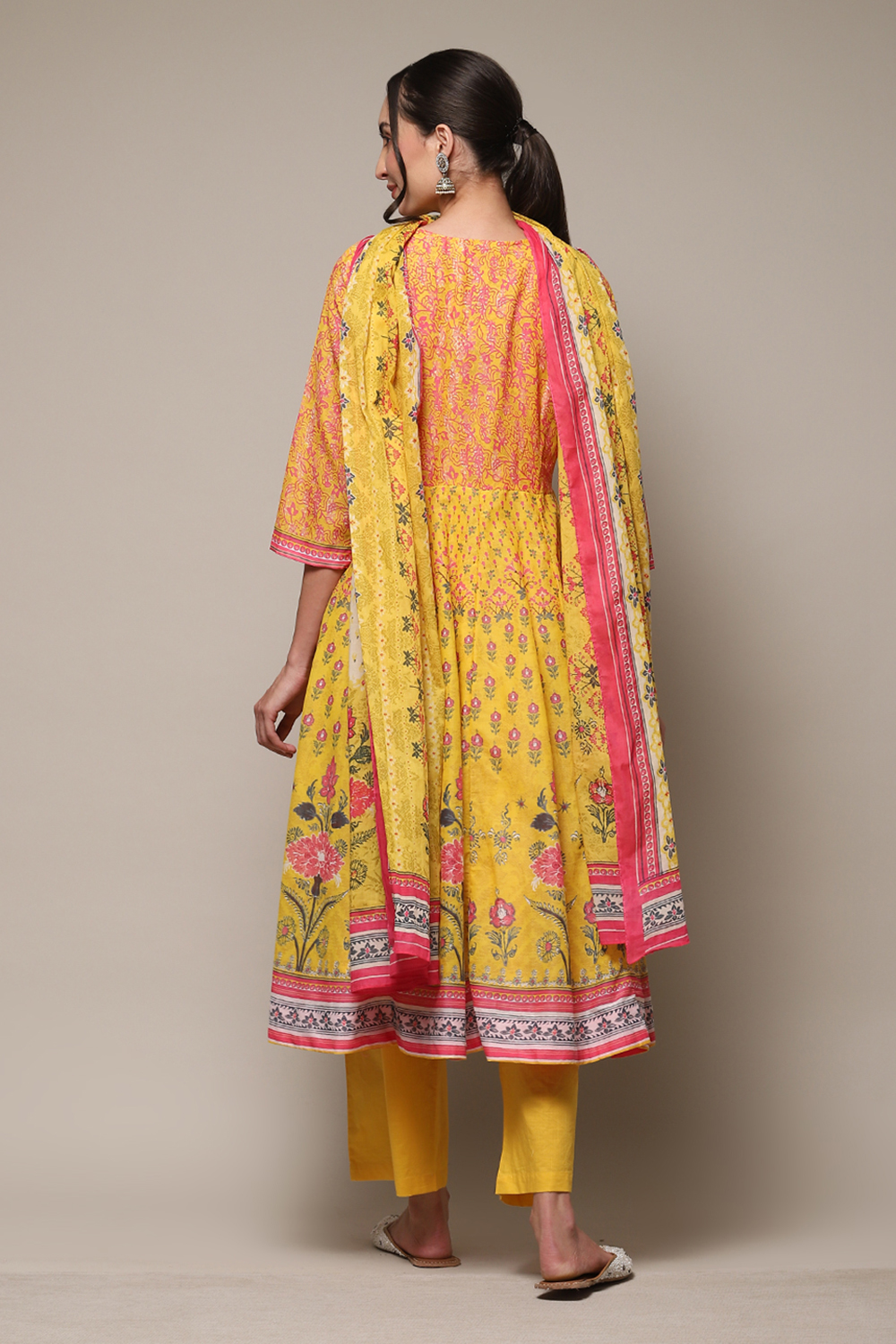 Yellow Cotton Anarkali Kurta Palazzo Suit Set image number 4