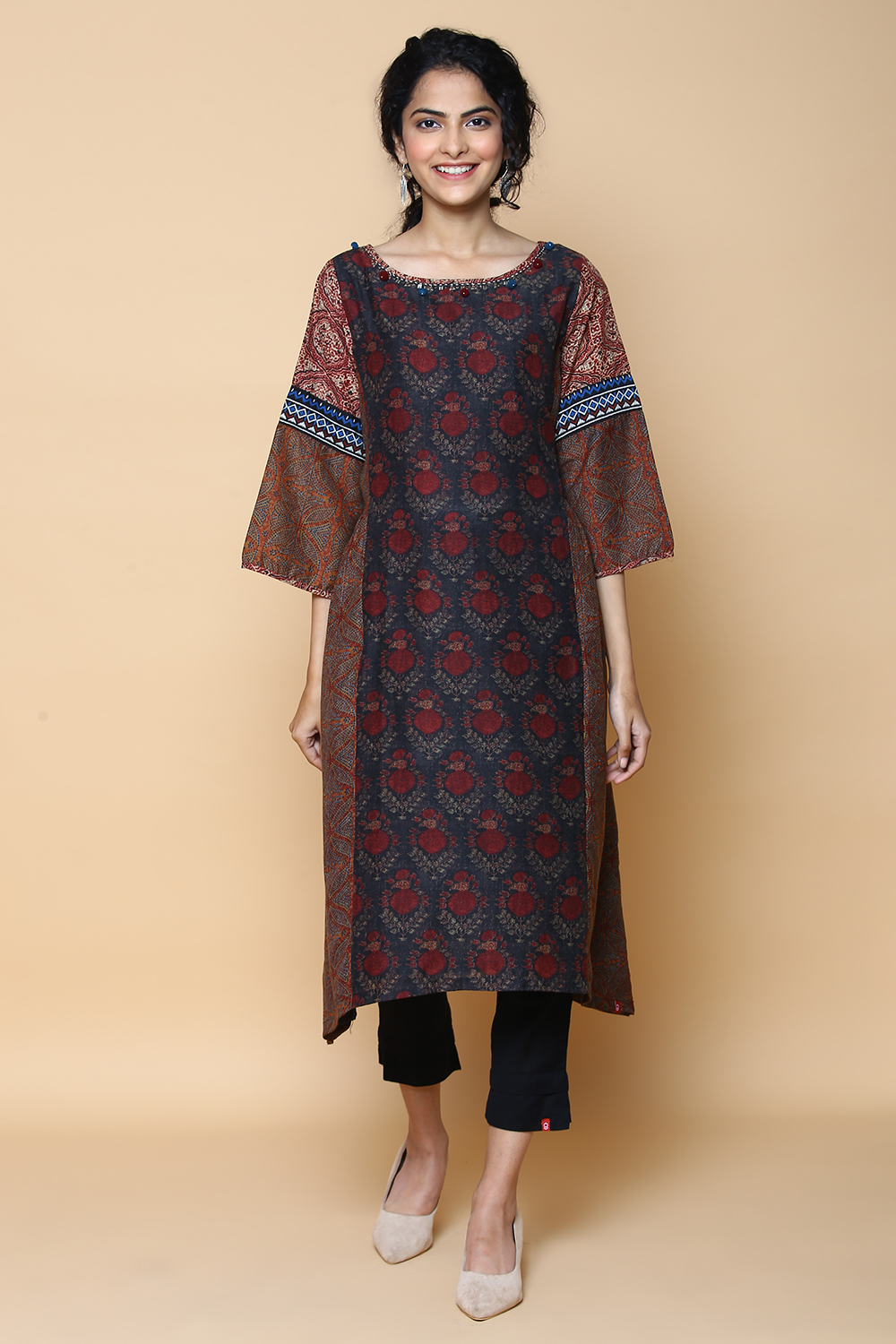 Charcoal Black Art Silk Printed Kurta image number 0