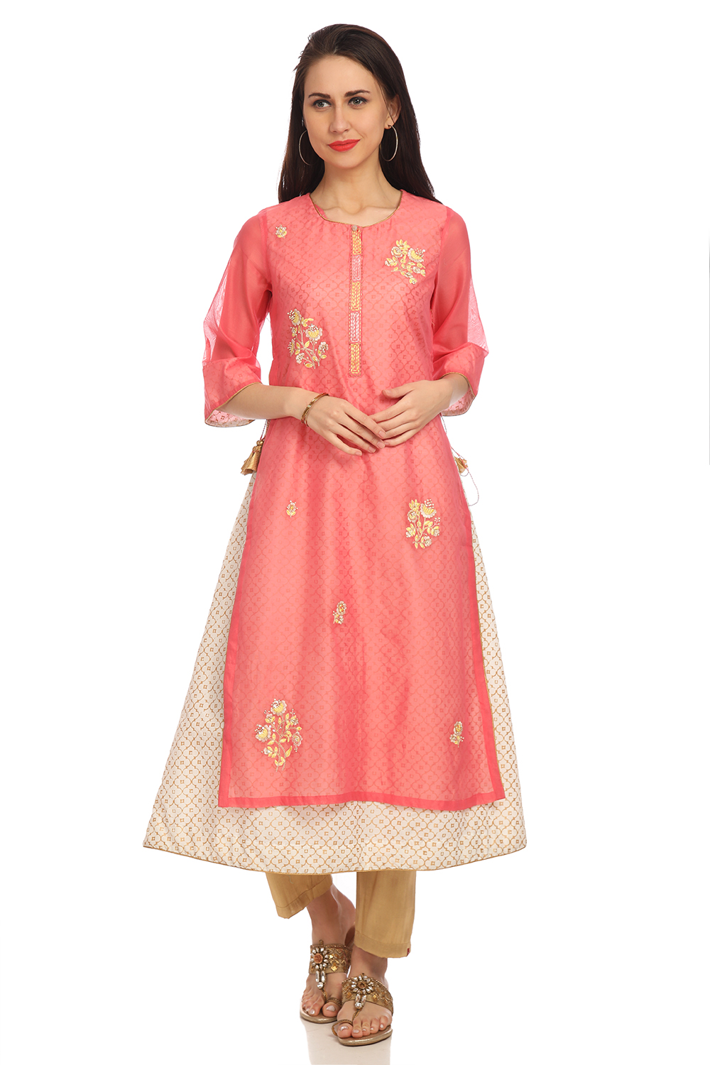 Coral A-Line Art Silk Yarndyed Kurta image number 0