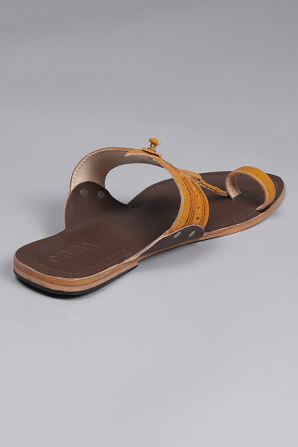 Mustard Yellow & Dark Brown Leather Kolhapuri Sandals image number 5