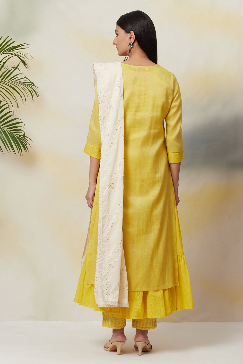 Lime Yellow Cotton Straight Kurta Slim Pant Suit Set image number 9