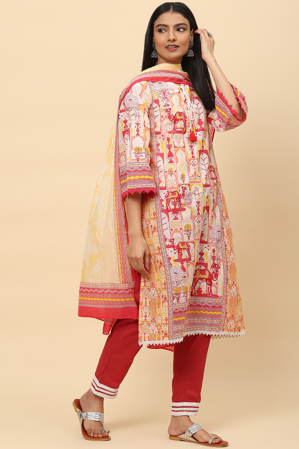 Cream Red Cotton Straight Kurta Pant Suit Set image number 6