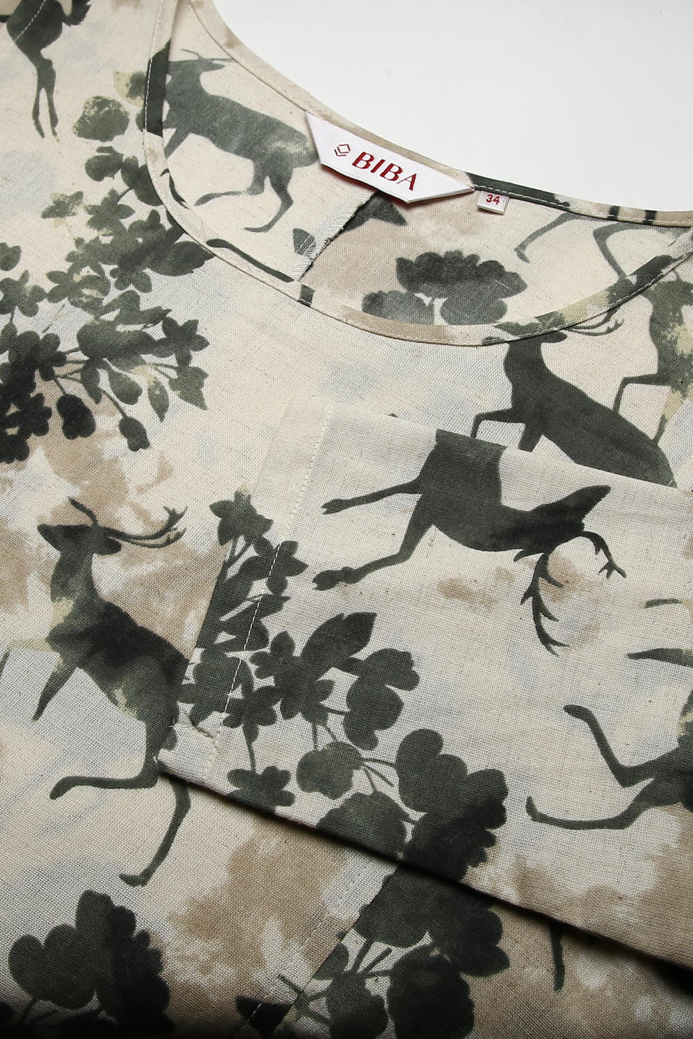 Off White Cotton Flax Printed Kurta Dress image number 1