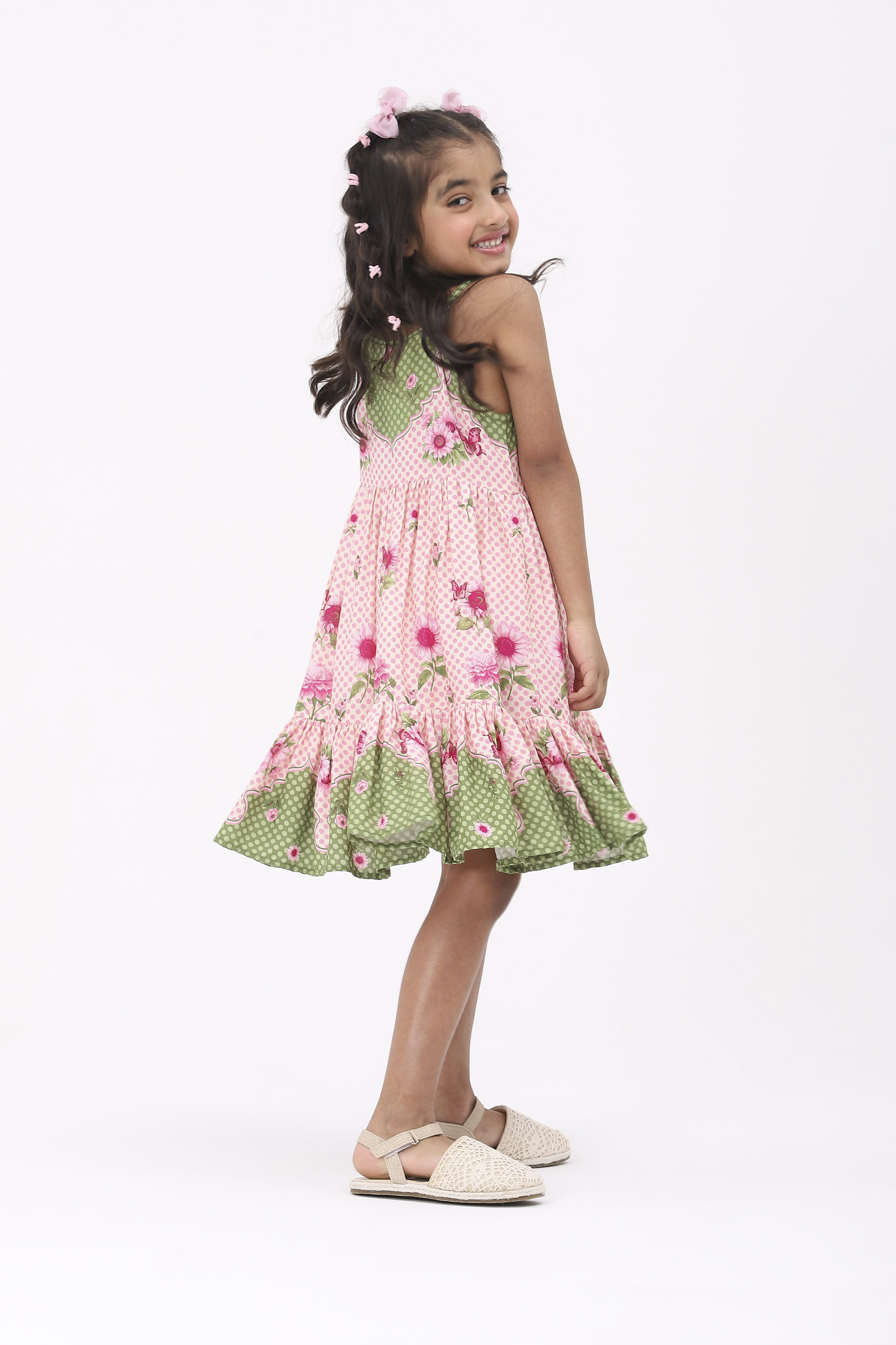 Pink Viscose Rayon Printed Tiered Dress image number 3