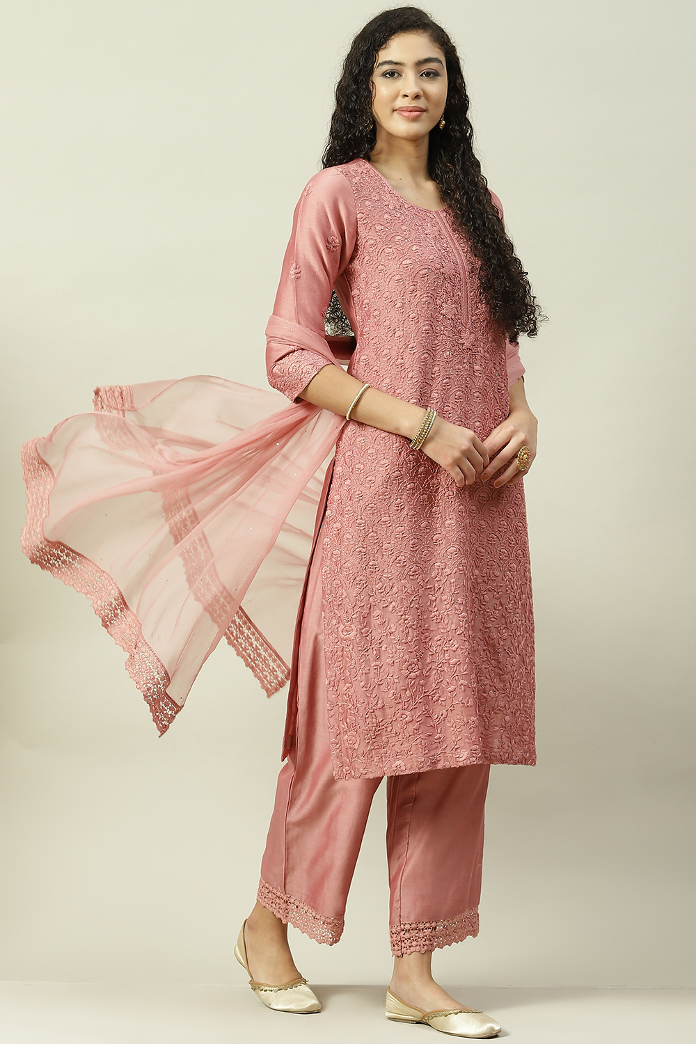 Onion Pink Cotton Silk Straight Kurta Palazzo Suit Set image number 6