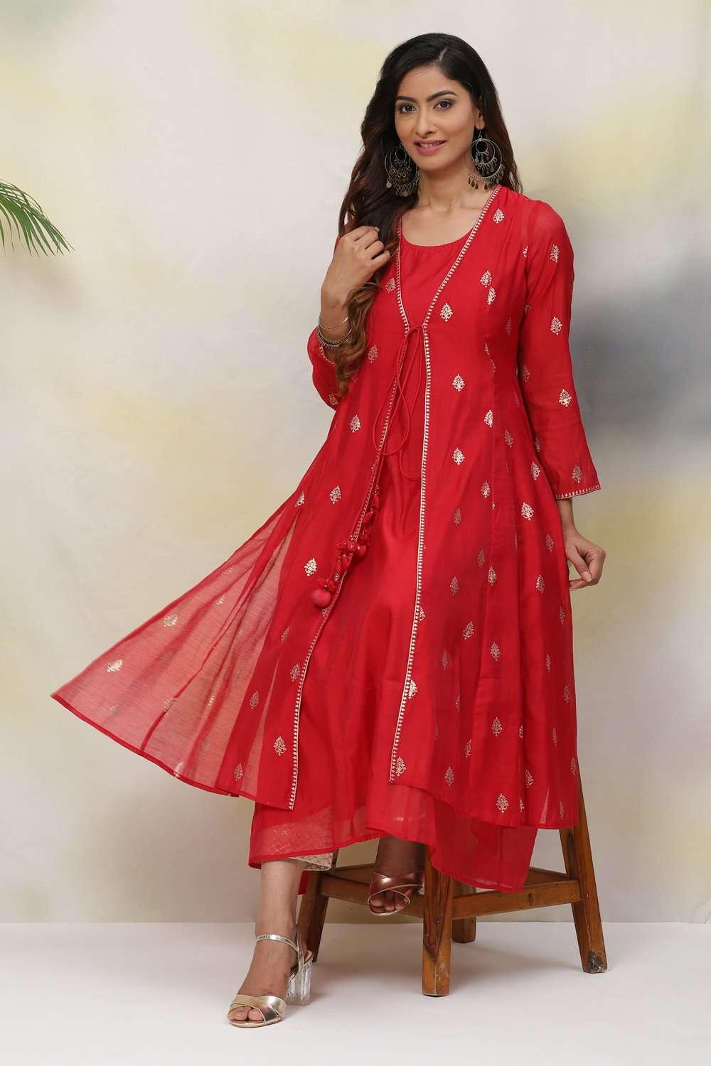 Red Flared Poly Modal Yarndyed Kurta image number 0