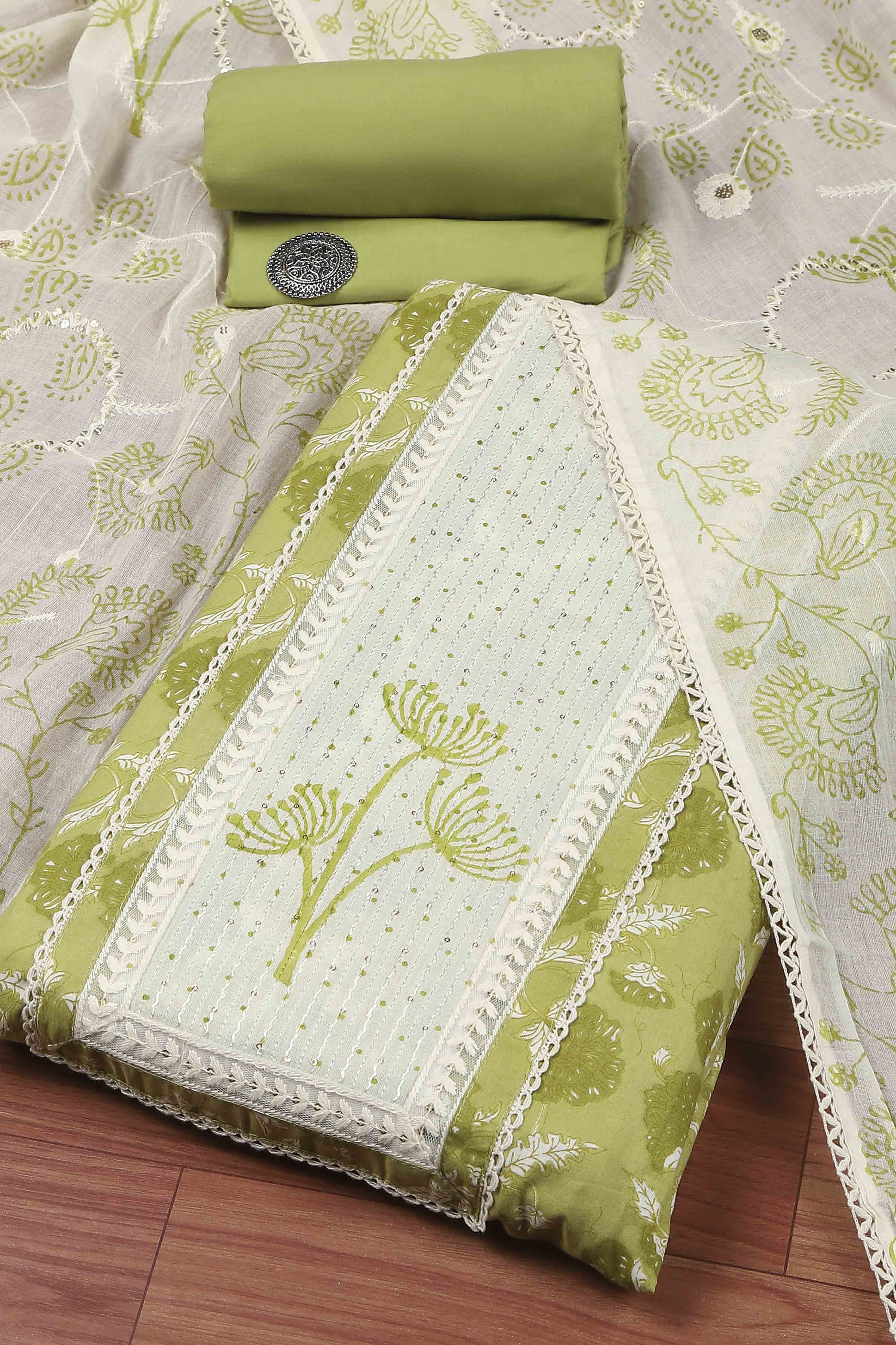 Light Green Cotton Printed Embroidered Unstitched Suit Set image number 0