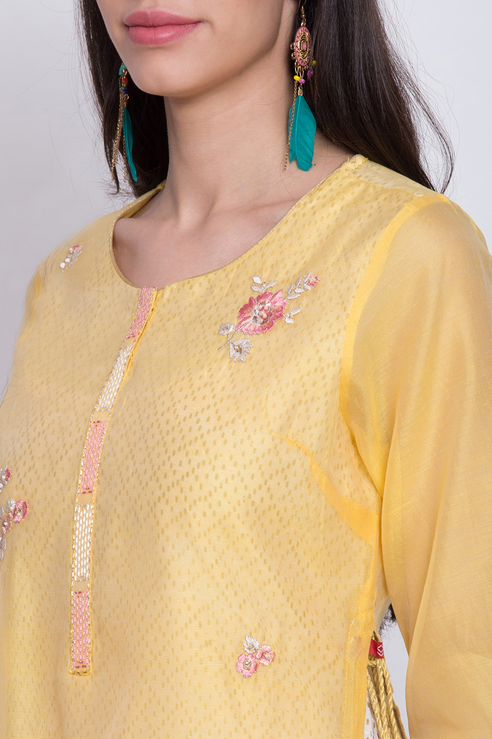 Yellow Poly Cotton Flared Yarndyed Kurta image number 1