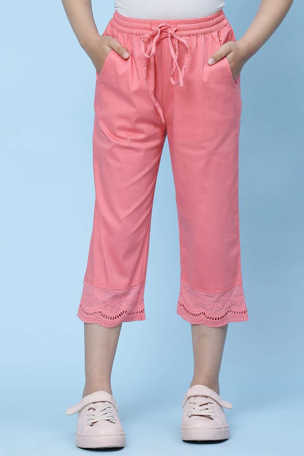 Blush Pink Cotton Solid Capri Pant Capri at Biba India