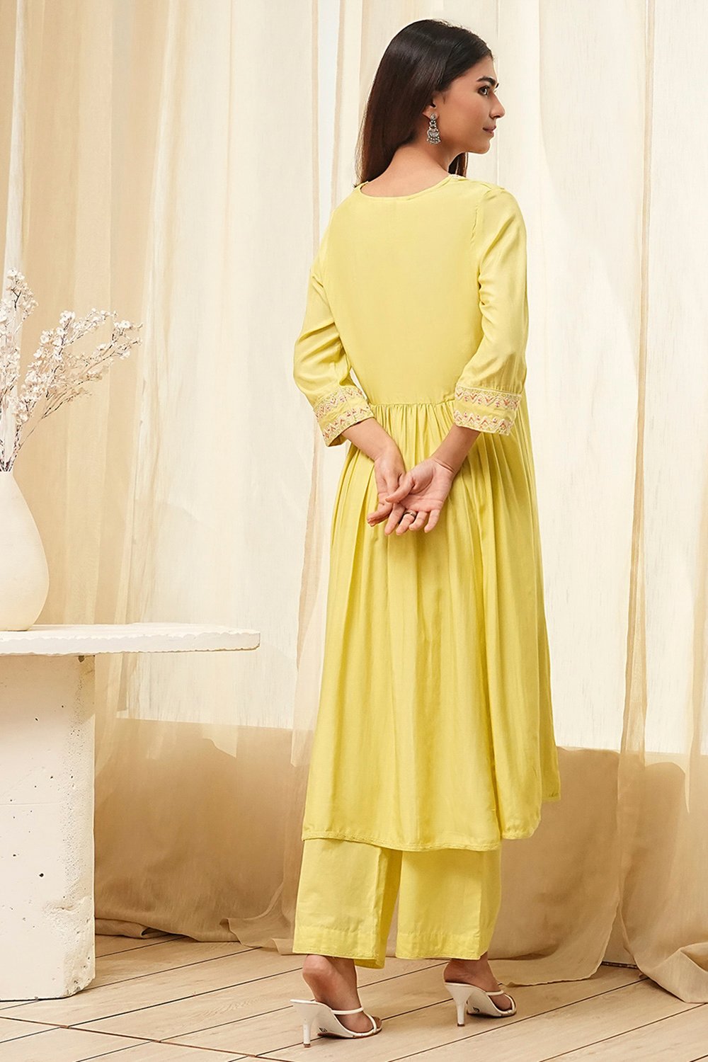 Lime Modal Blend Embroidered Gathered Suit Set image number 4