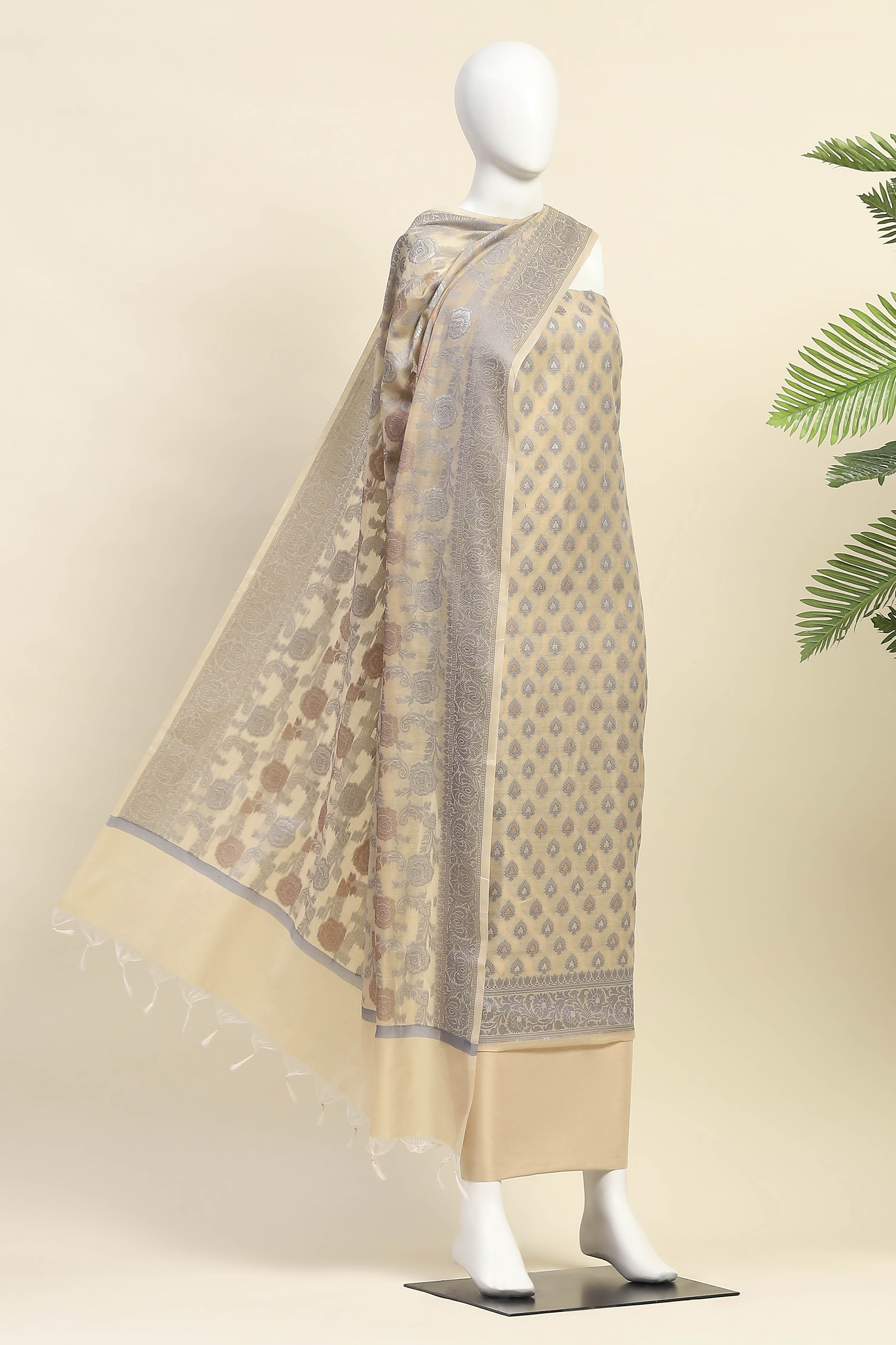 Beige Cotton Printed Embroidered Unstitched Suit Set image number 4