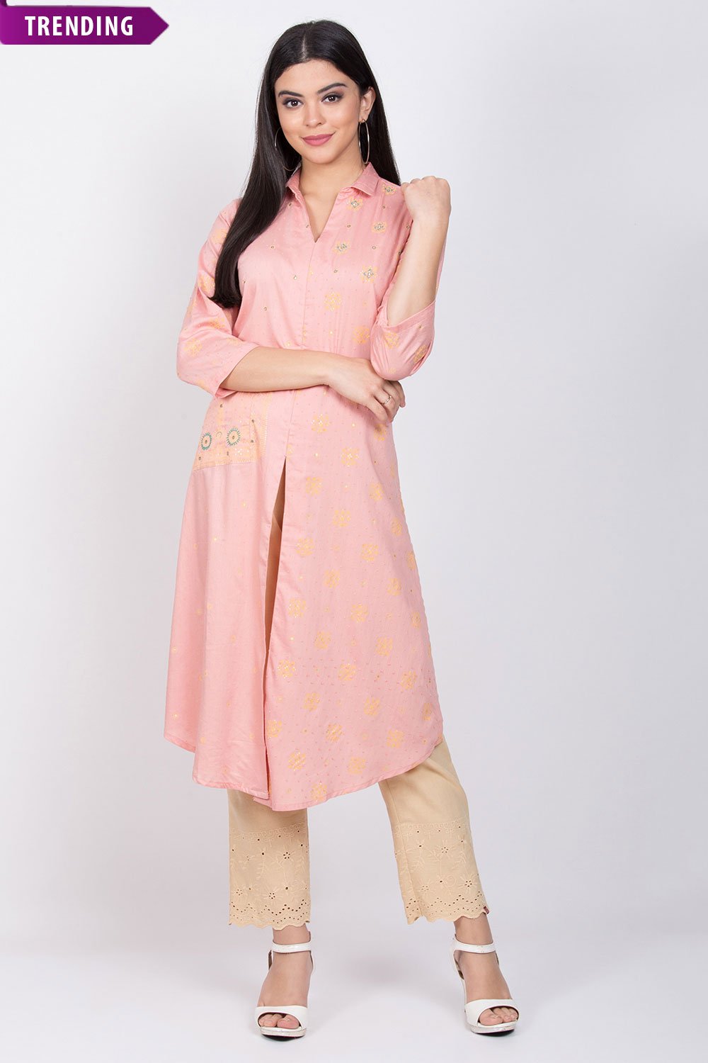 Peach Cotton Front Open Printed Kurta image number 0