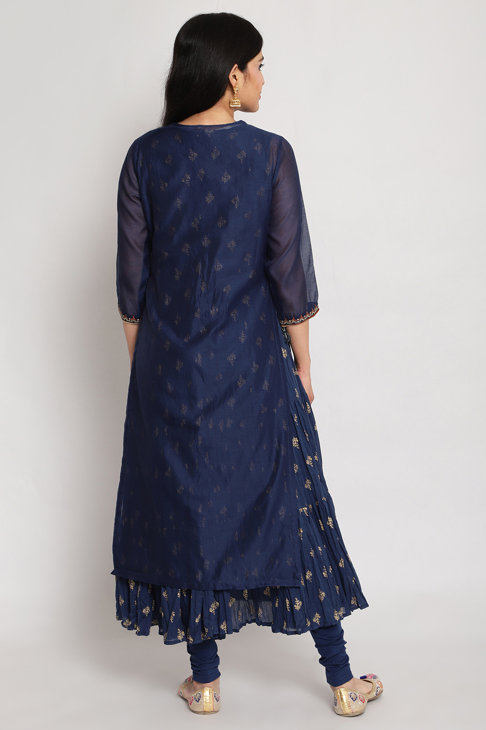 Navy Blue Double Layered Kurta Churidar Suit Set image number 6