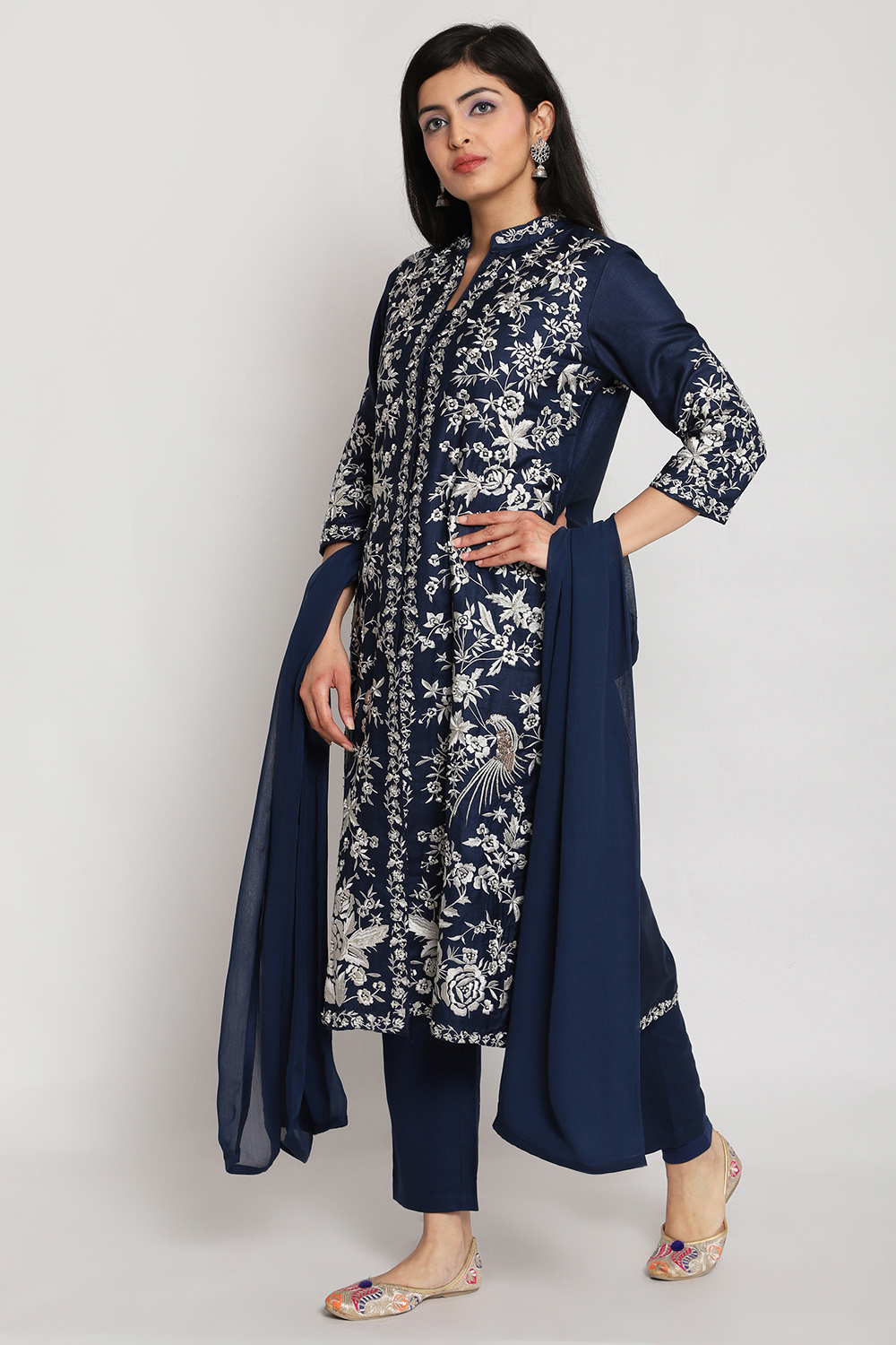 Blue Viscose Silk Front Open Kurta Regular Pant Suit Set image number 3