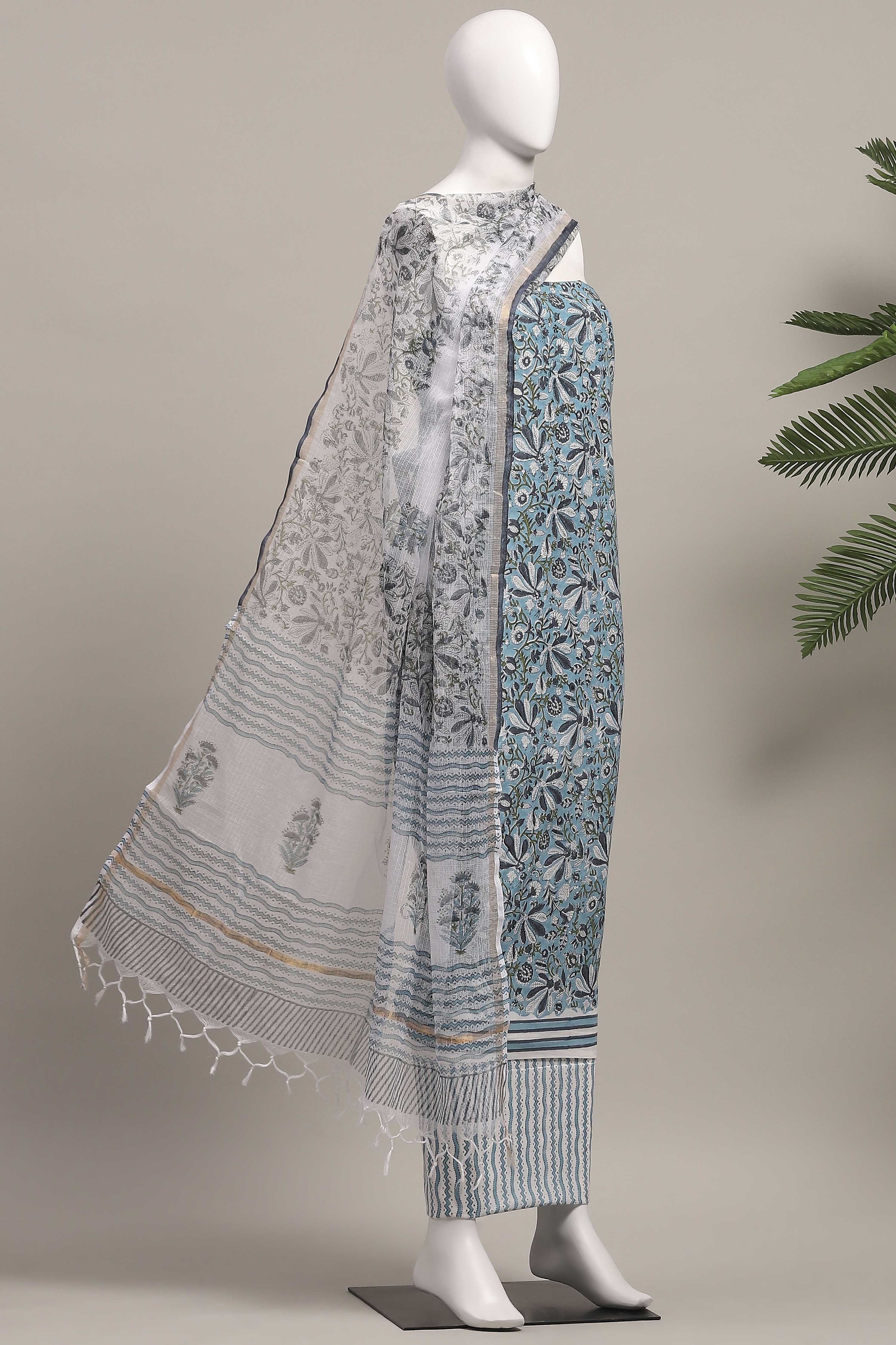 Sky Blue Cotton Hand Block Print Unstitched Suit Set image number 4