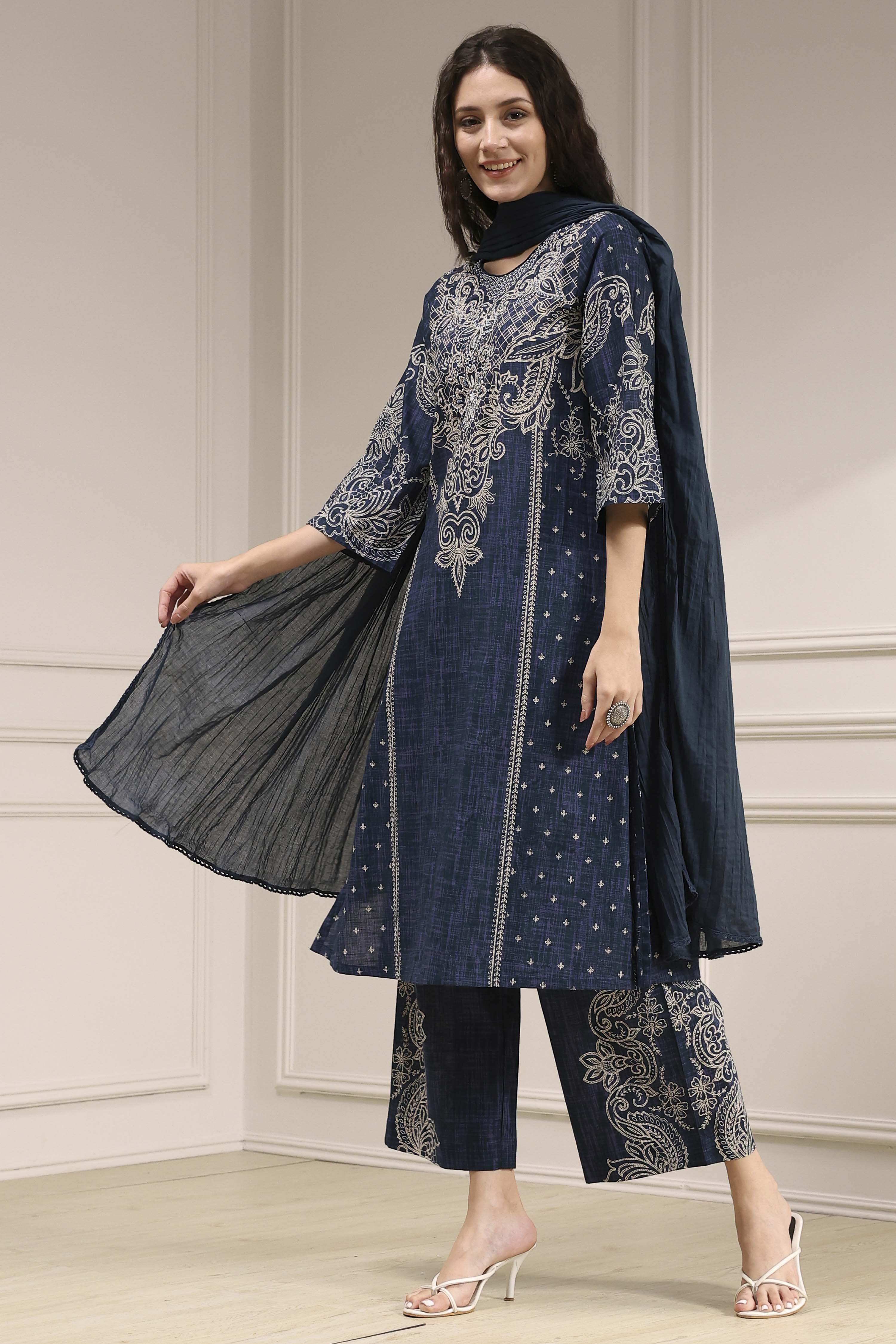 Blue Pure Cotton Printed Straight Suit Set image number 2