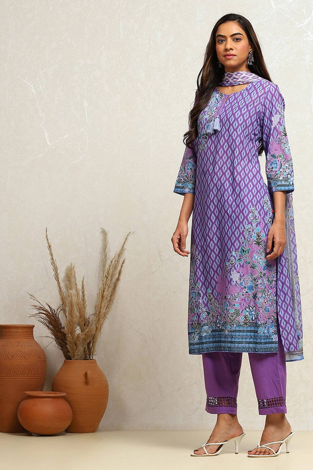 Purple Cotton Printed Straight Suit Set image number 3