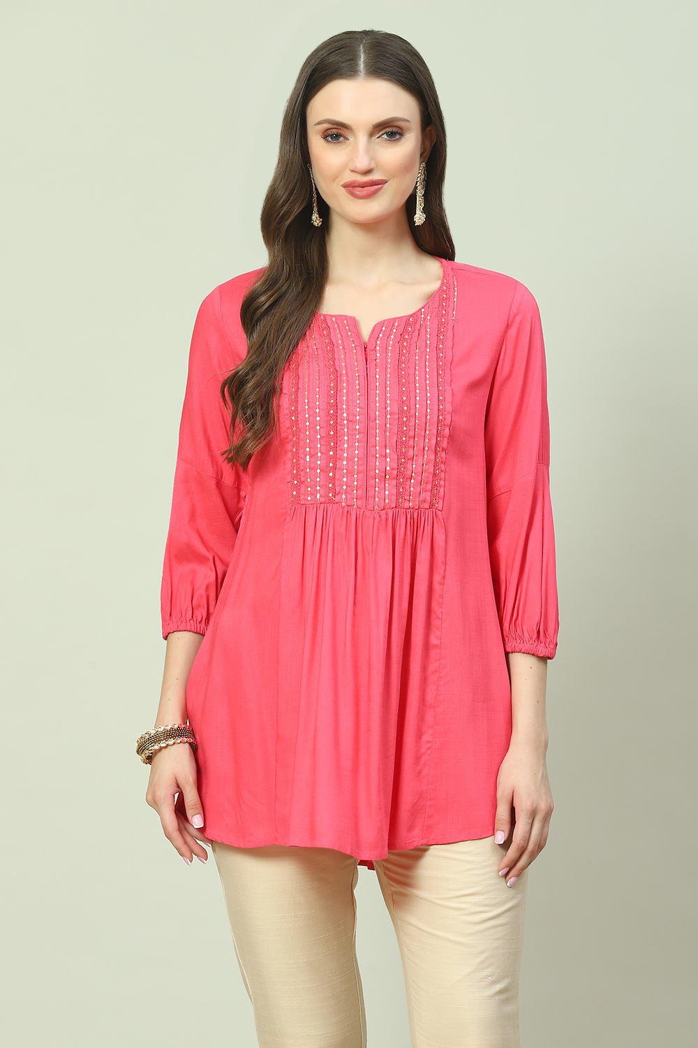 Buy Pink LIVA Flared Solid Kurti for INR999.50 Biba India