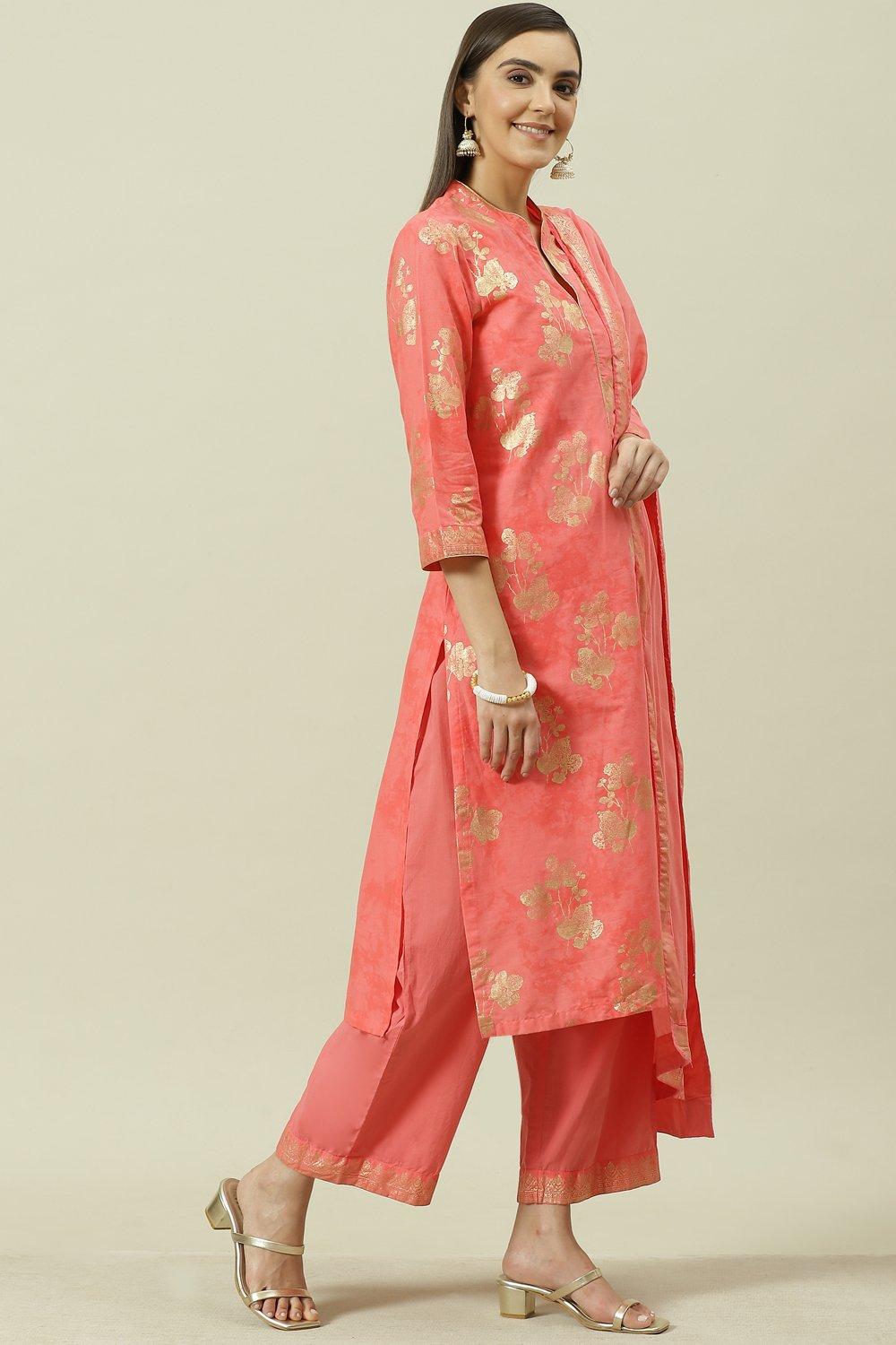 Peach Printed Cotton Straight Kurta Palazzo Suit Set image number 6