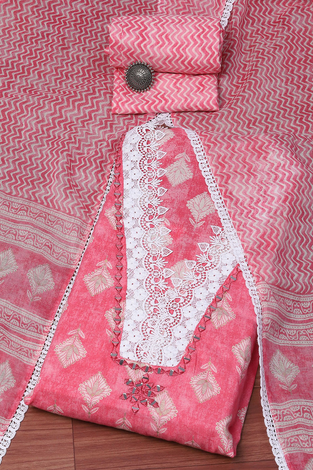 Pink Cotton Unstitched Suit set image number 0