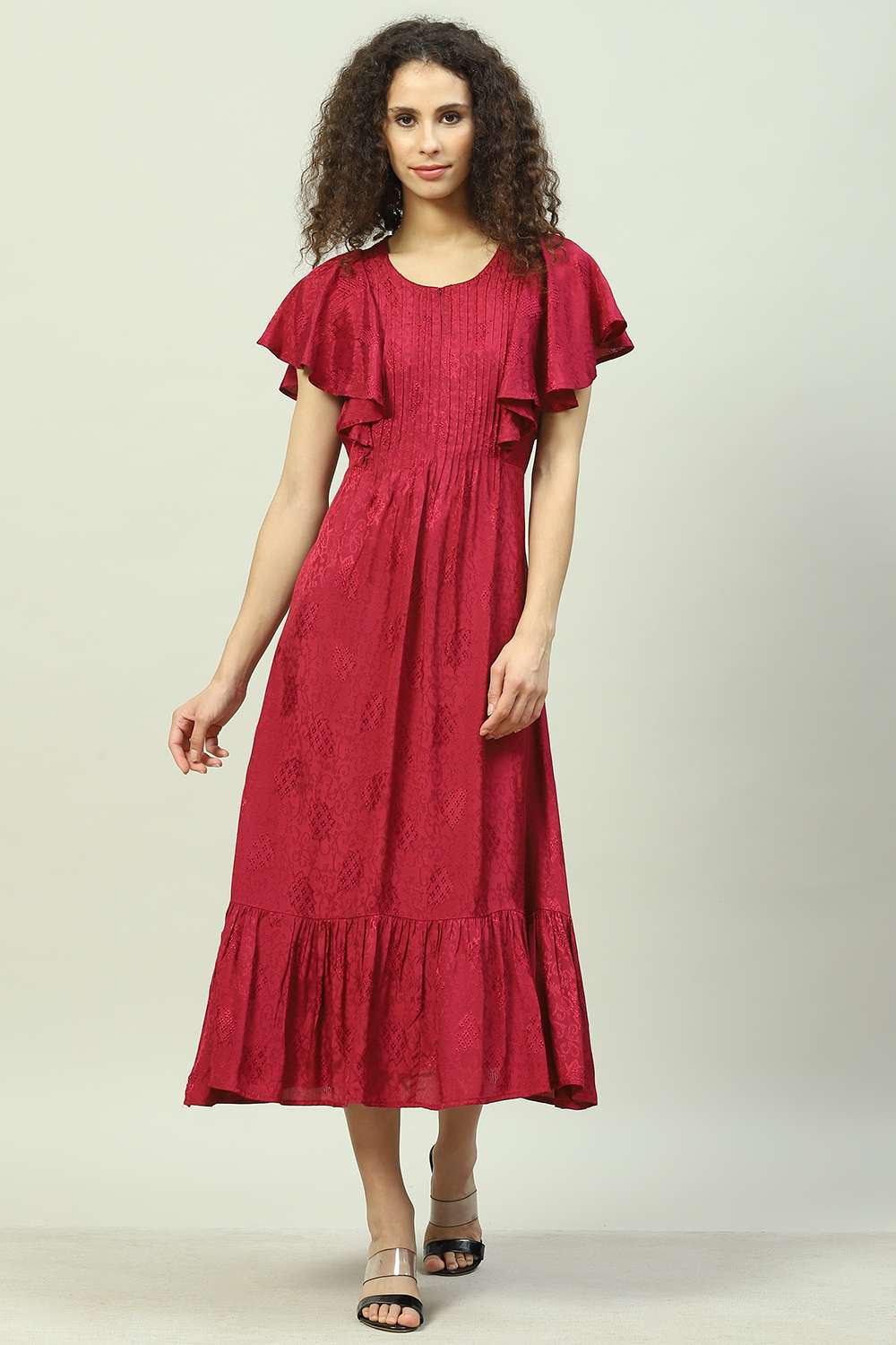 Plum Viscose Jacquard Flared Dress image number 5