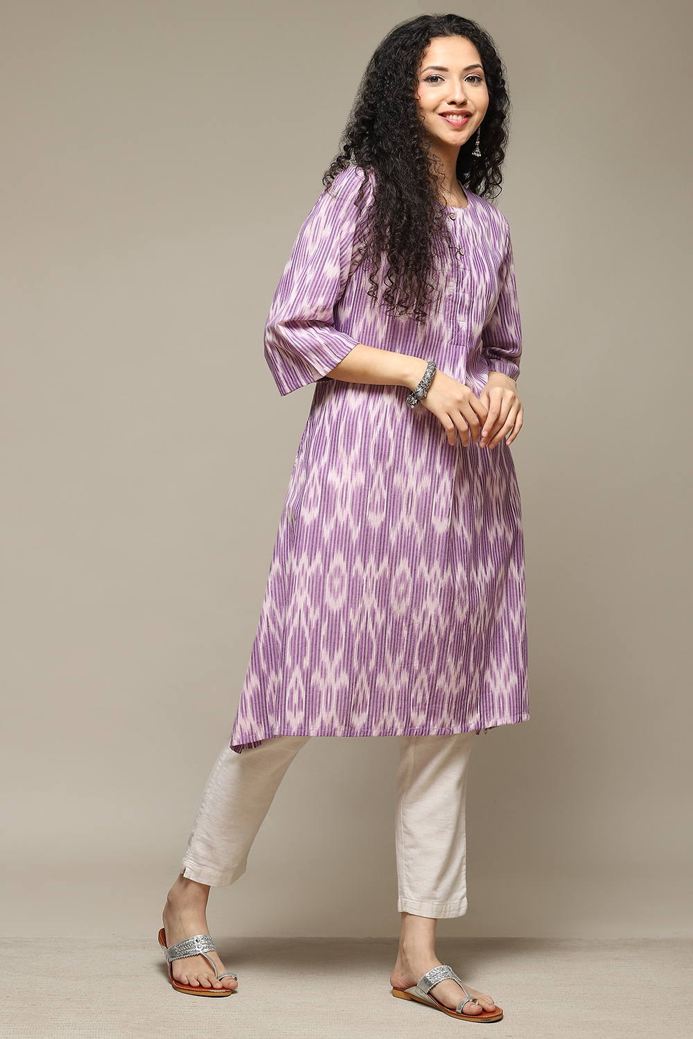 Purple Cotton IKAT Straight Yarndyed Kurta image number 4