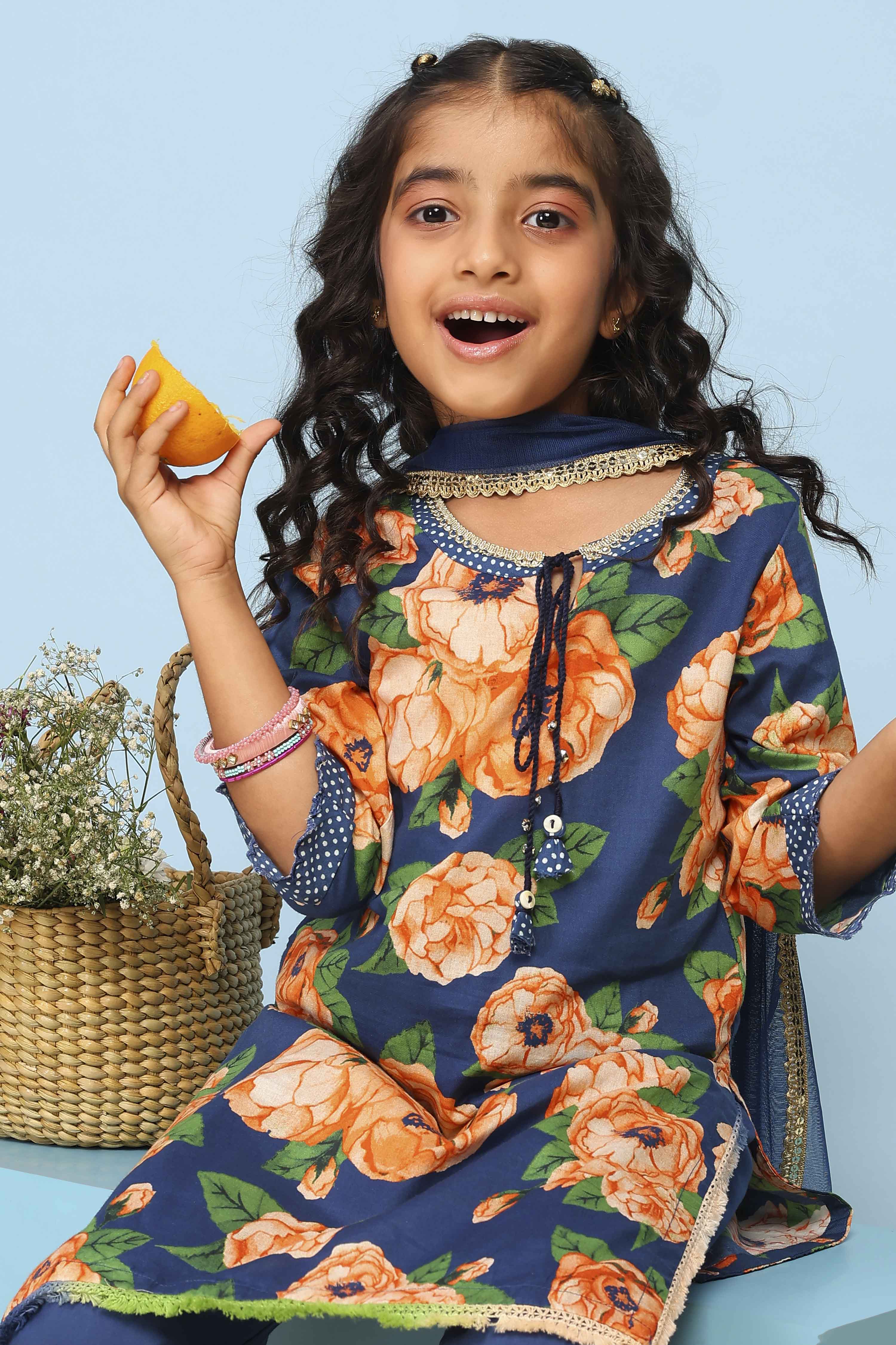 Blue Cotton Straight Printed Suit Set image number 0