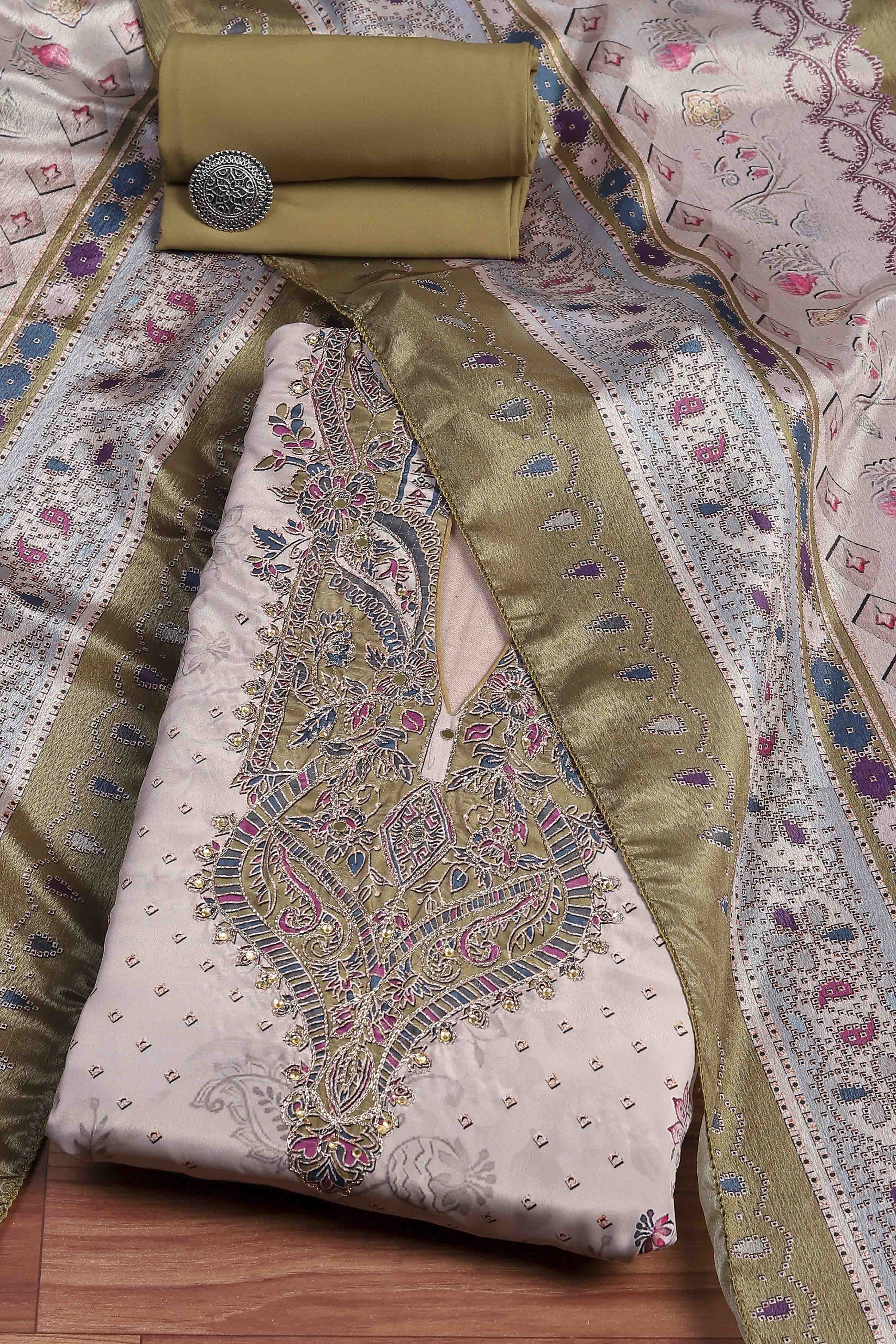 Brown Poly Crepe Digital Print Unstitched Suit Set image number 0