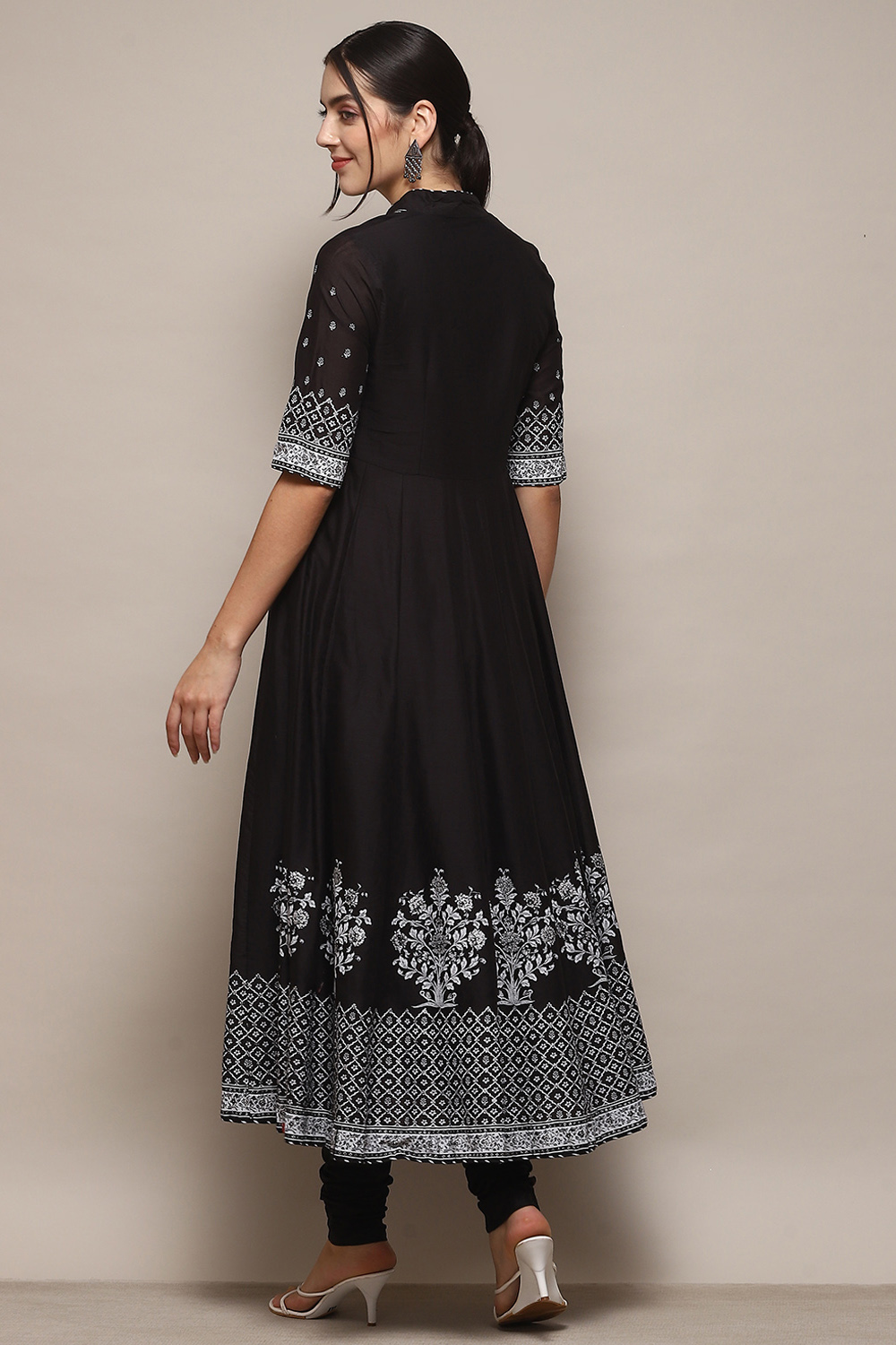 Black Cotton Anarkali Printed Kurta Churidar Suit Set image number 5