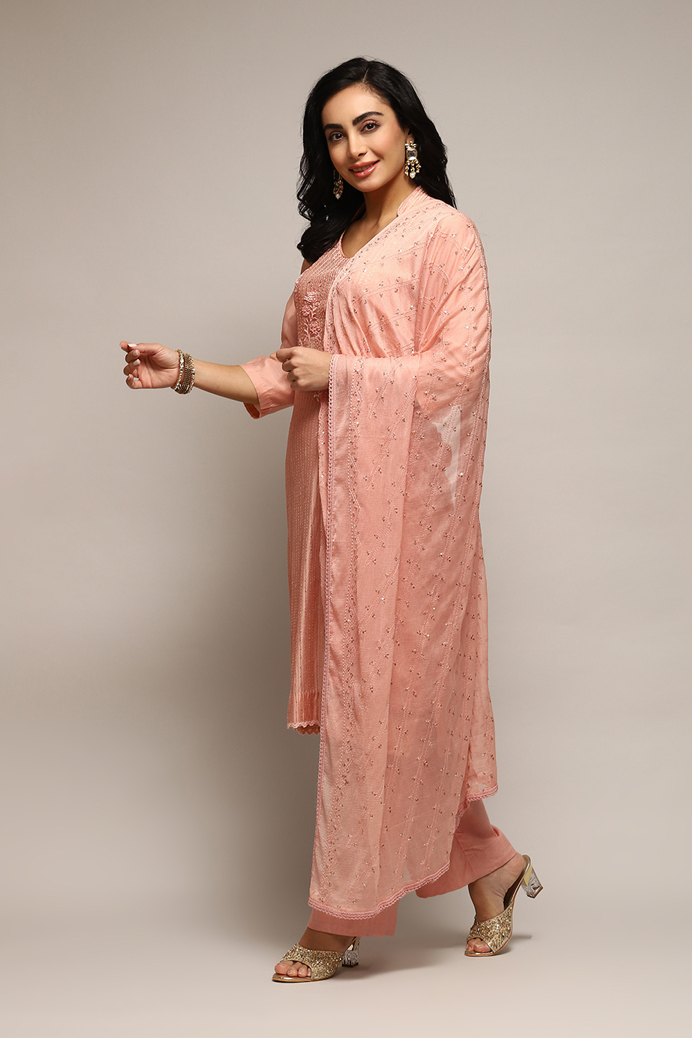Peach Chanderi Hand Embroidered Unstitched Suit Set image number 6