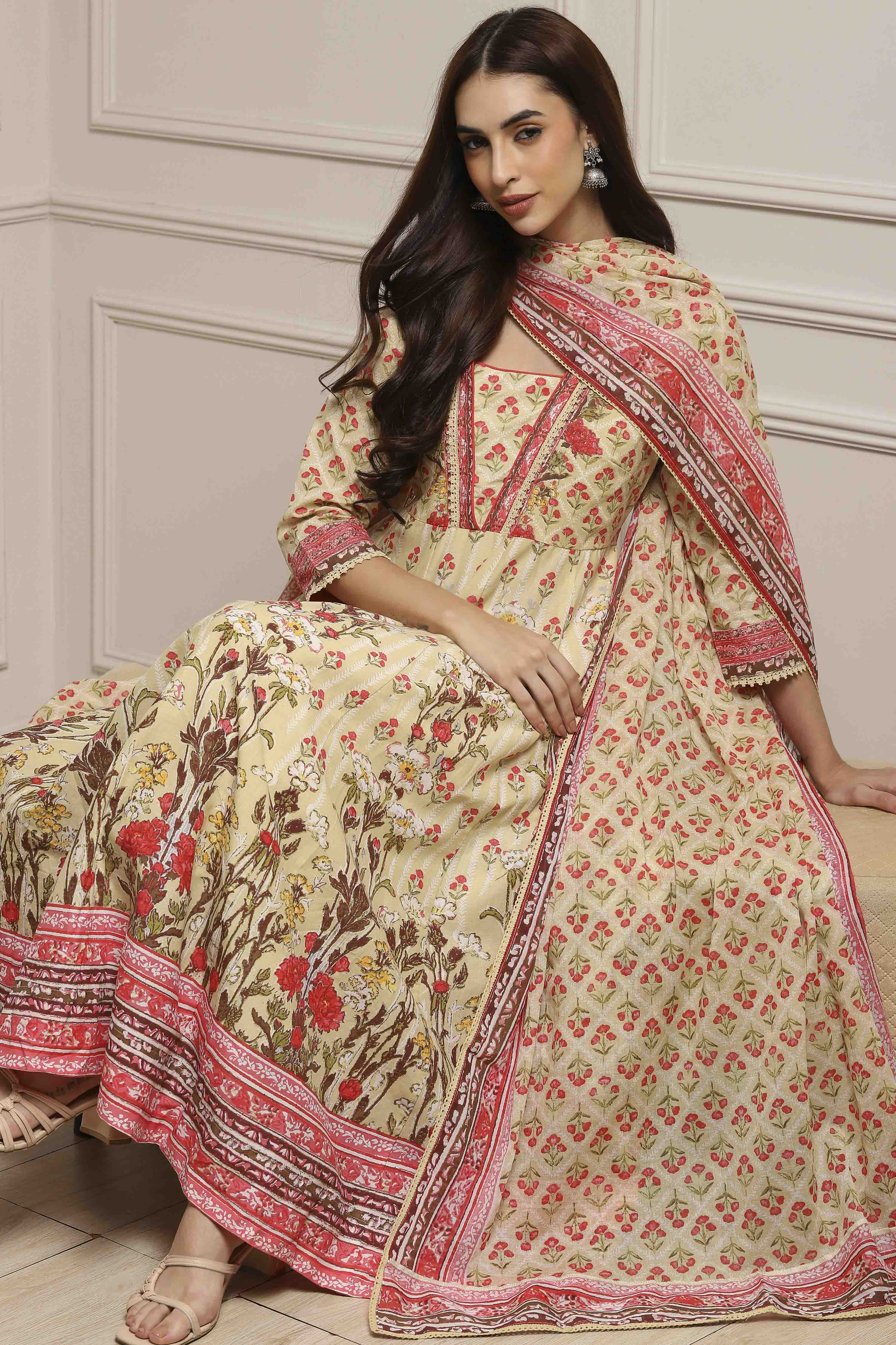 Off White-Pink Cotton Anarkali Printed Suit Set image number 0