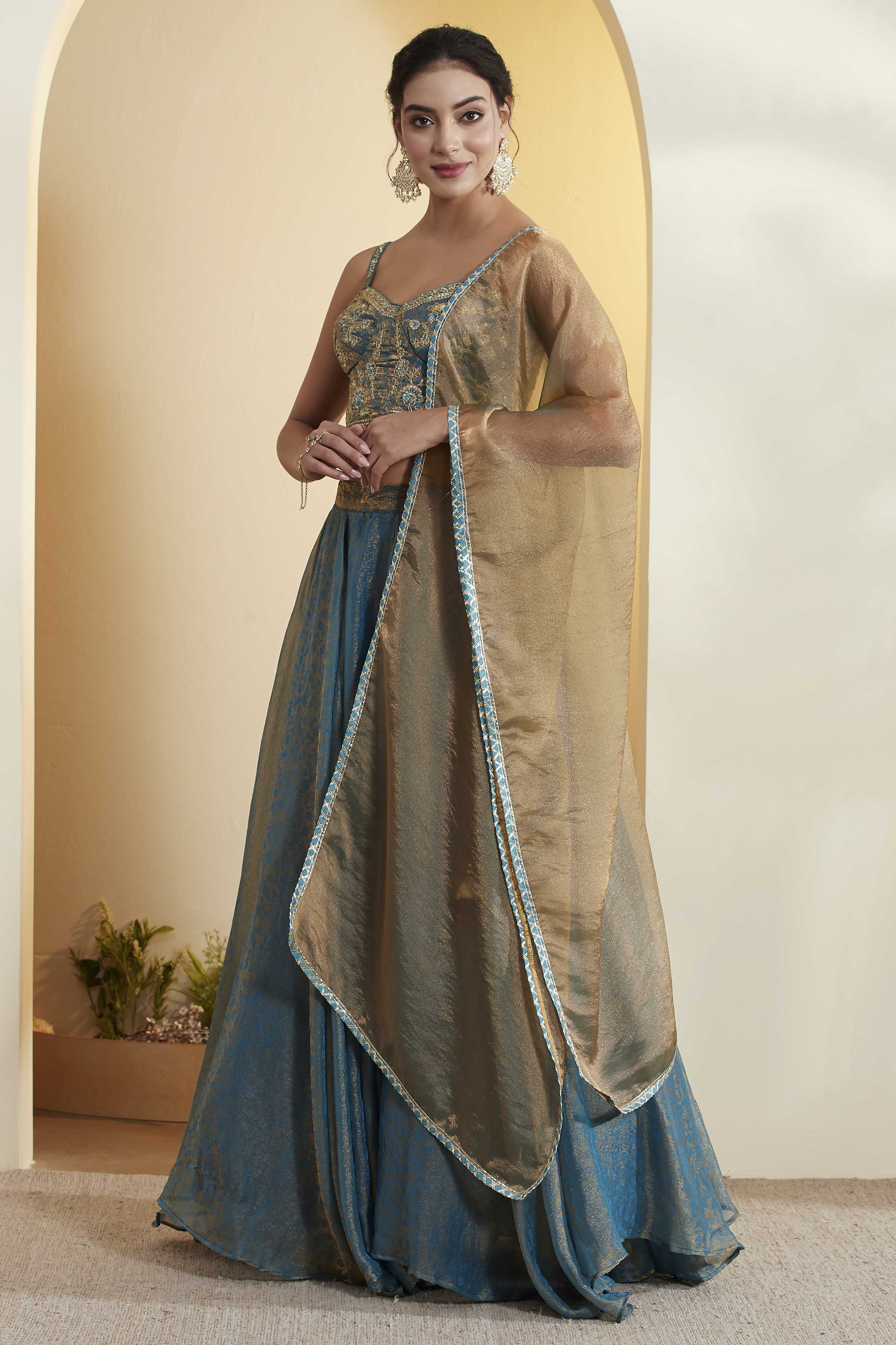 Teal Viscose Blend Kalidar Lehenga Set image number 4