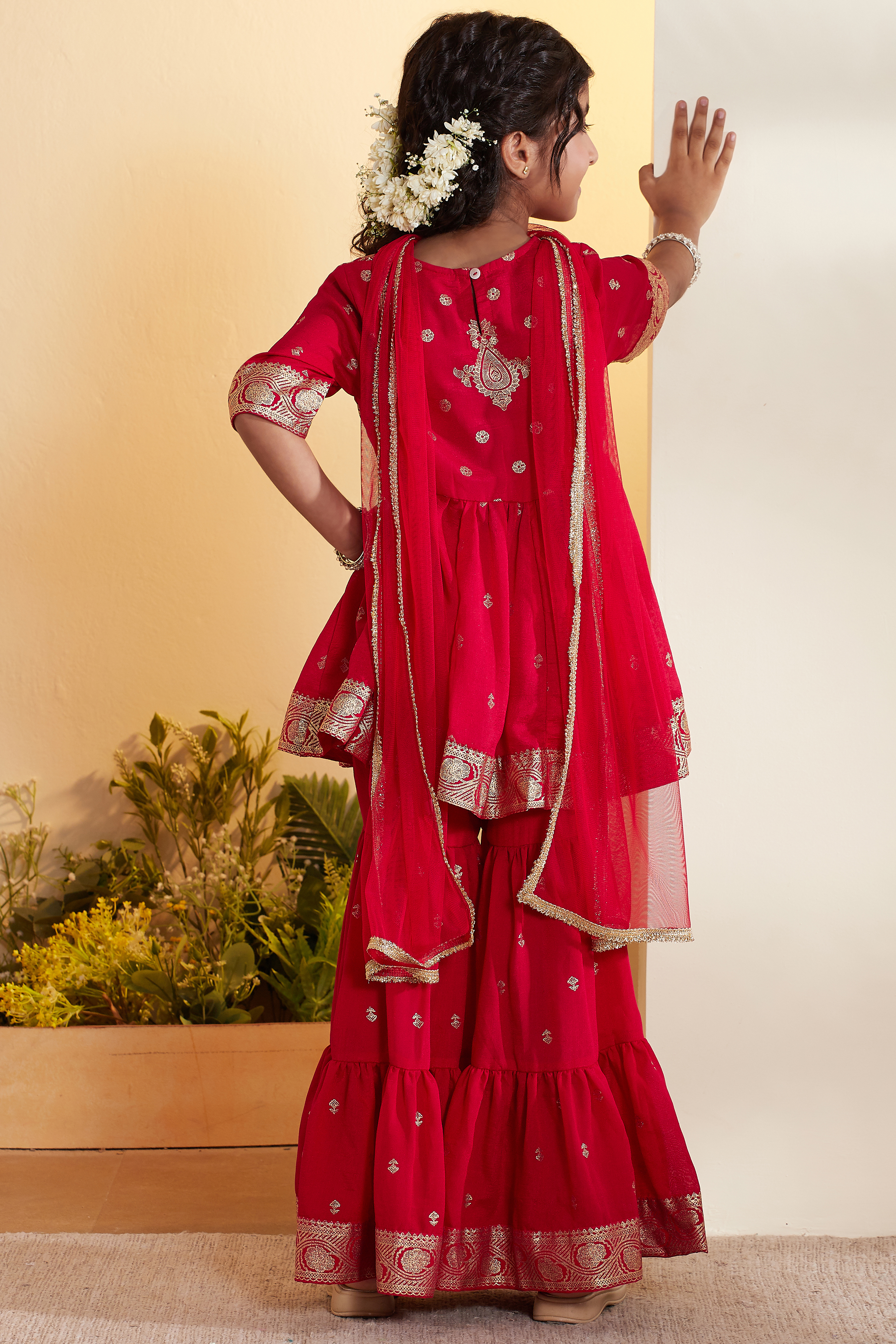 Red Ethnic Motifs Garara Kurta Set image number 5
