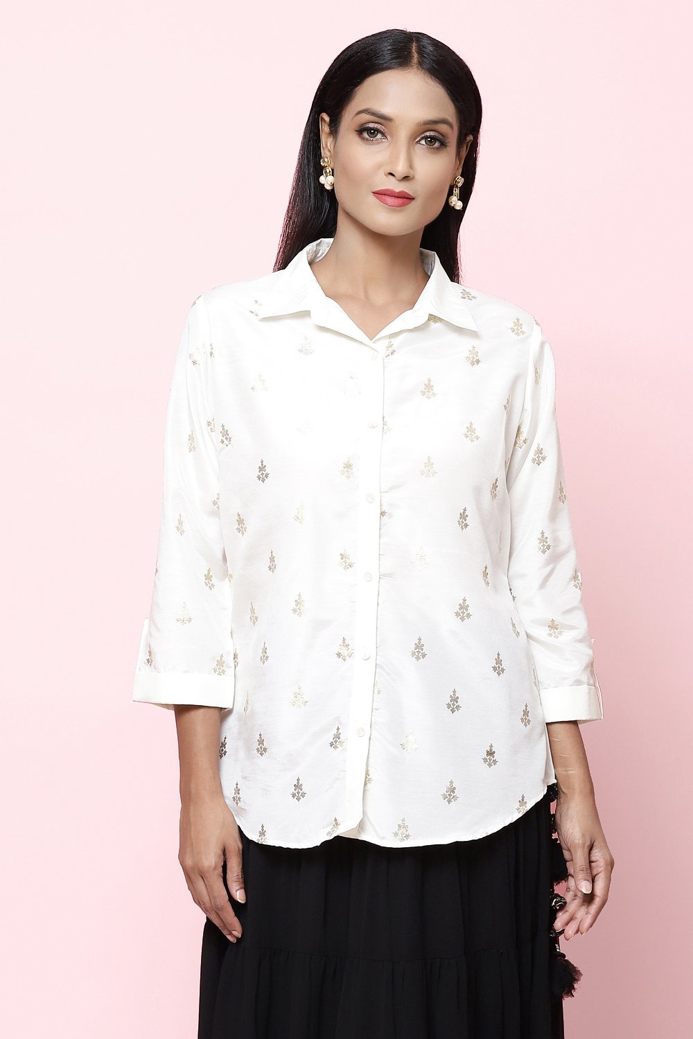 Off White Straight Art Silk Printed Short Kurti image number 2