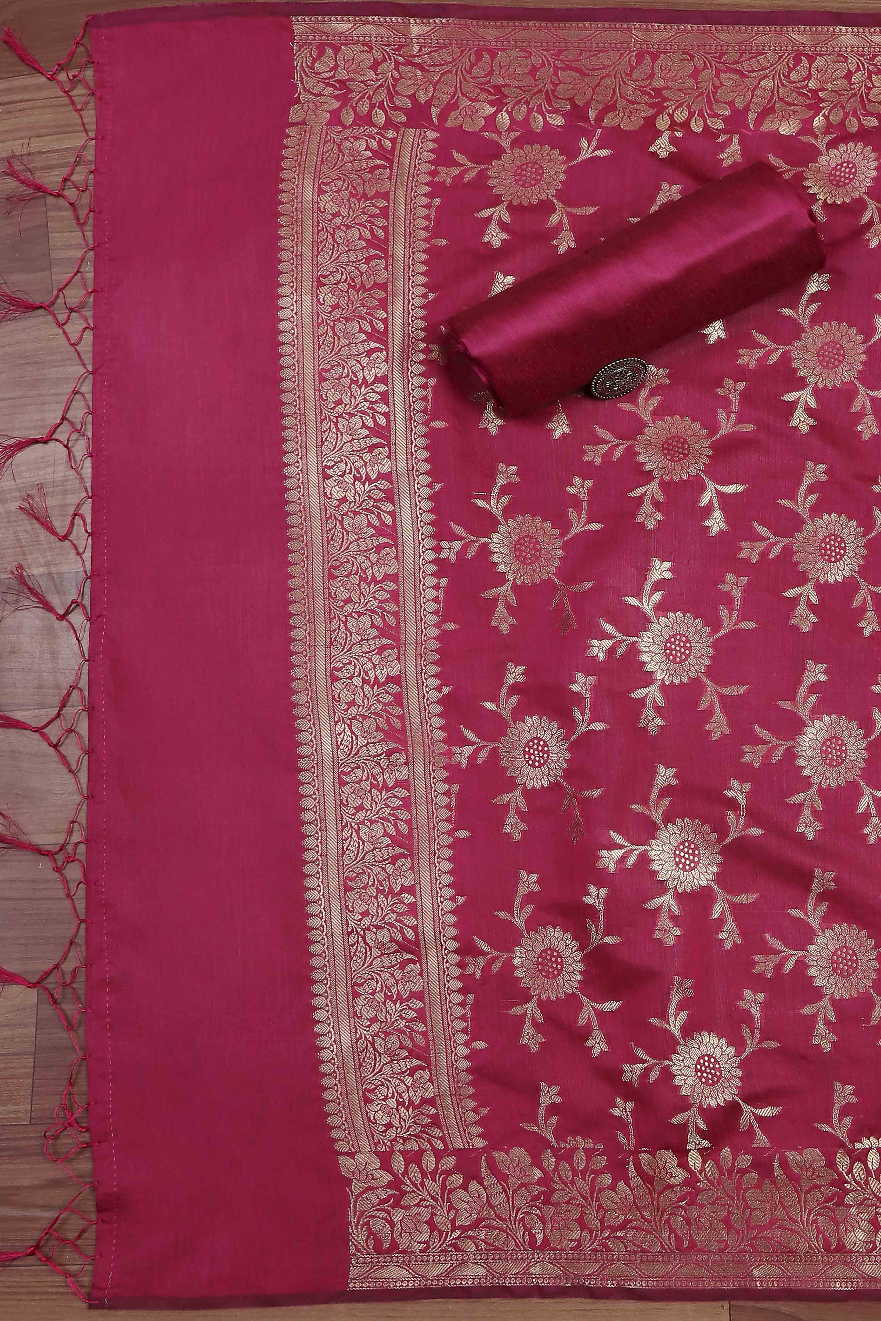 Red Banarasi Chanderi Banarasi Print Unstitched Suit Set image number 3